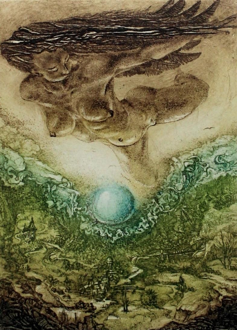 Barbara Rosiakfortune   XX Century, Figurative Etching Print, Nude, Fantasy, Landscape1985