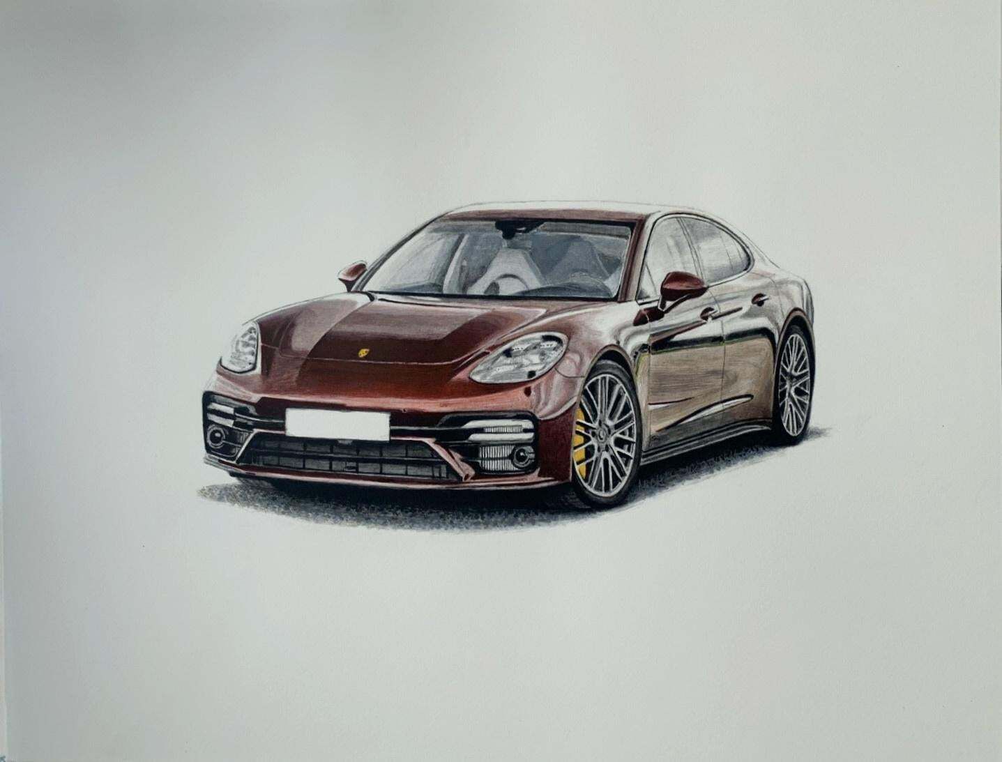Michal Wojtysiakporsche Panamera. Figurative Realistic Acrylic On Paper Painting Polish Art, Car2023