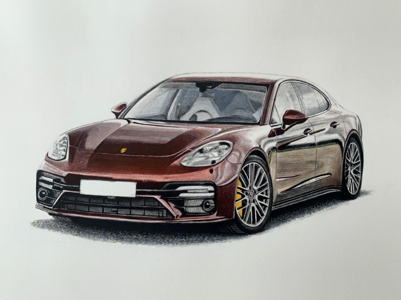 Michal Wojtysiakporsche Panamera. Figurative Realistic Acrylic On Paper Painting Polish Art, Car2023 photo for sale