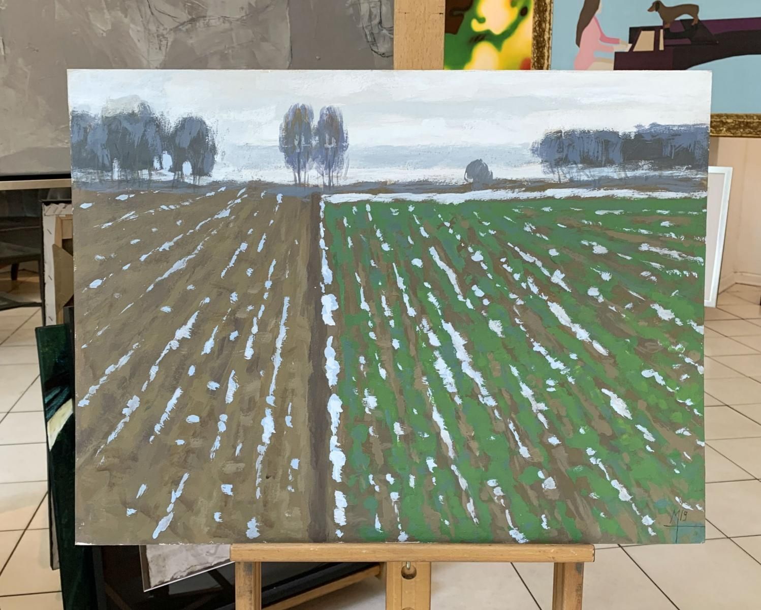 Mikołaj Maleszapigsties   Figurative Acrylic Painting, Landscape, Rural View, Nature2019 photo furniture