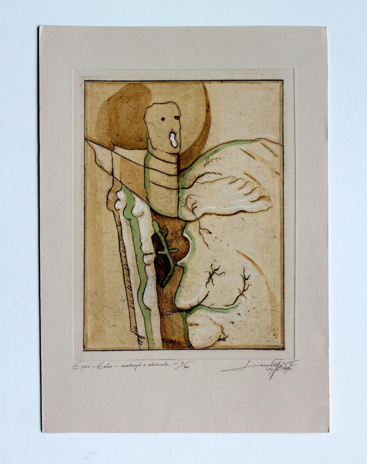 Leszek Rózgaegea, An Echo   XX Century, Abstract Etching Print With Watercolor1992 photo furniture