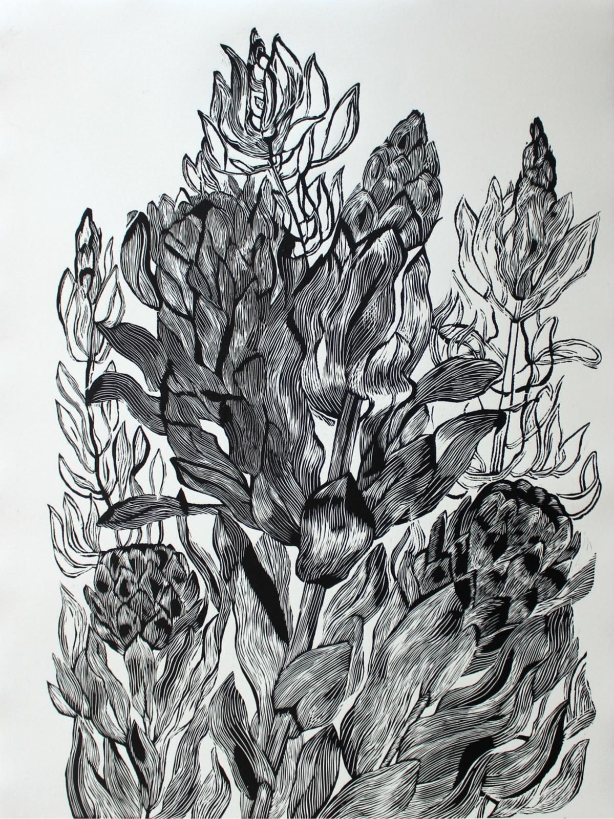 Marta Bozykprotea   Xxi Century, Contemporary Floral Linocut, Black And White2018