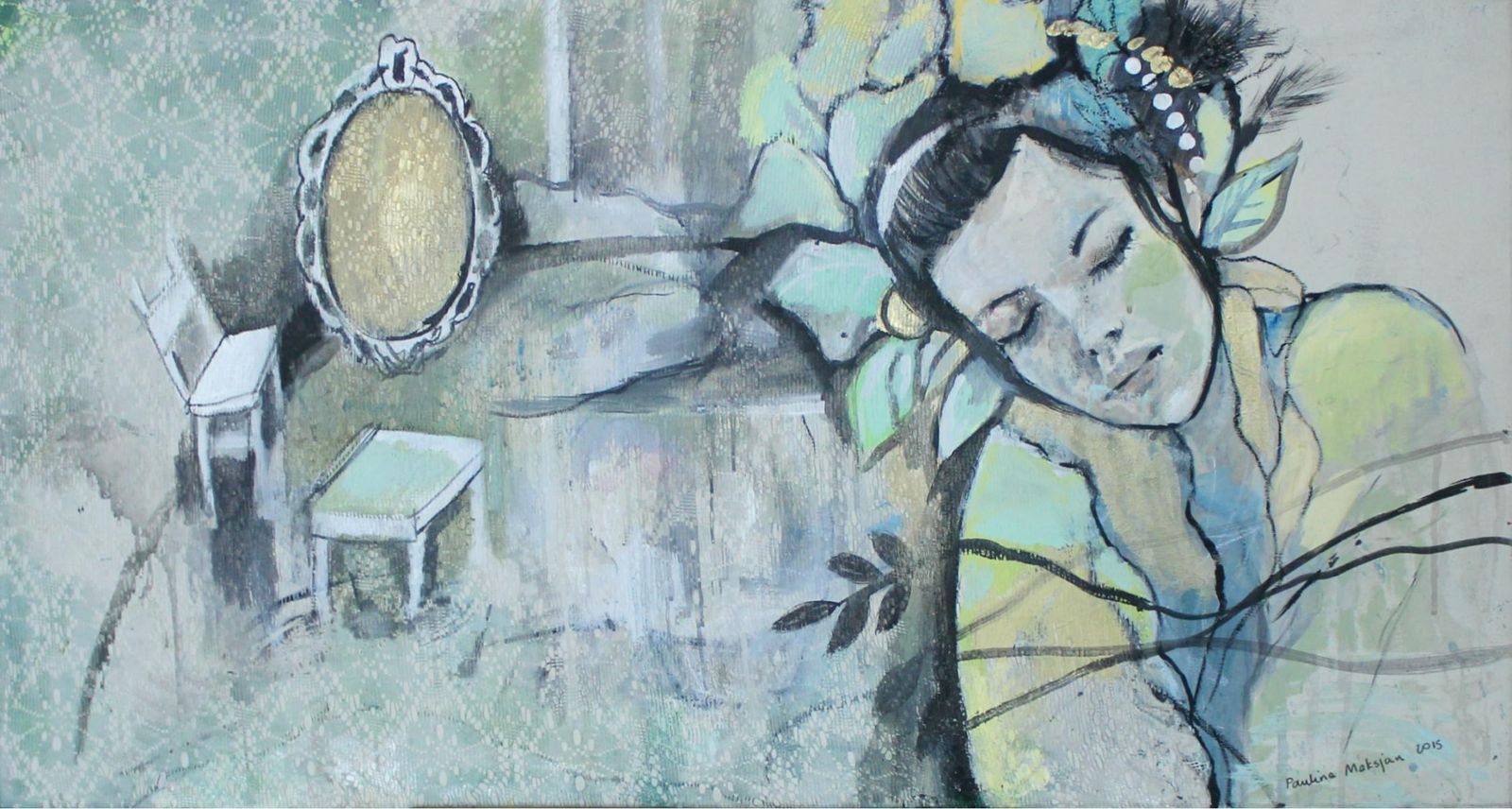 Paulina Maksjanflowers. Female Portrait, Figurative Painting, Mixed Media, Polish Artist2015