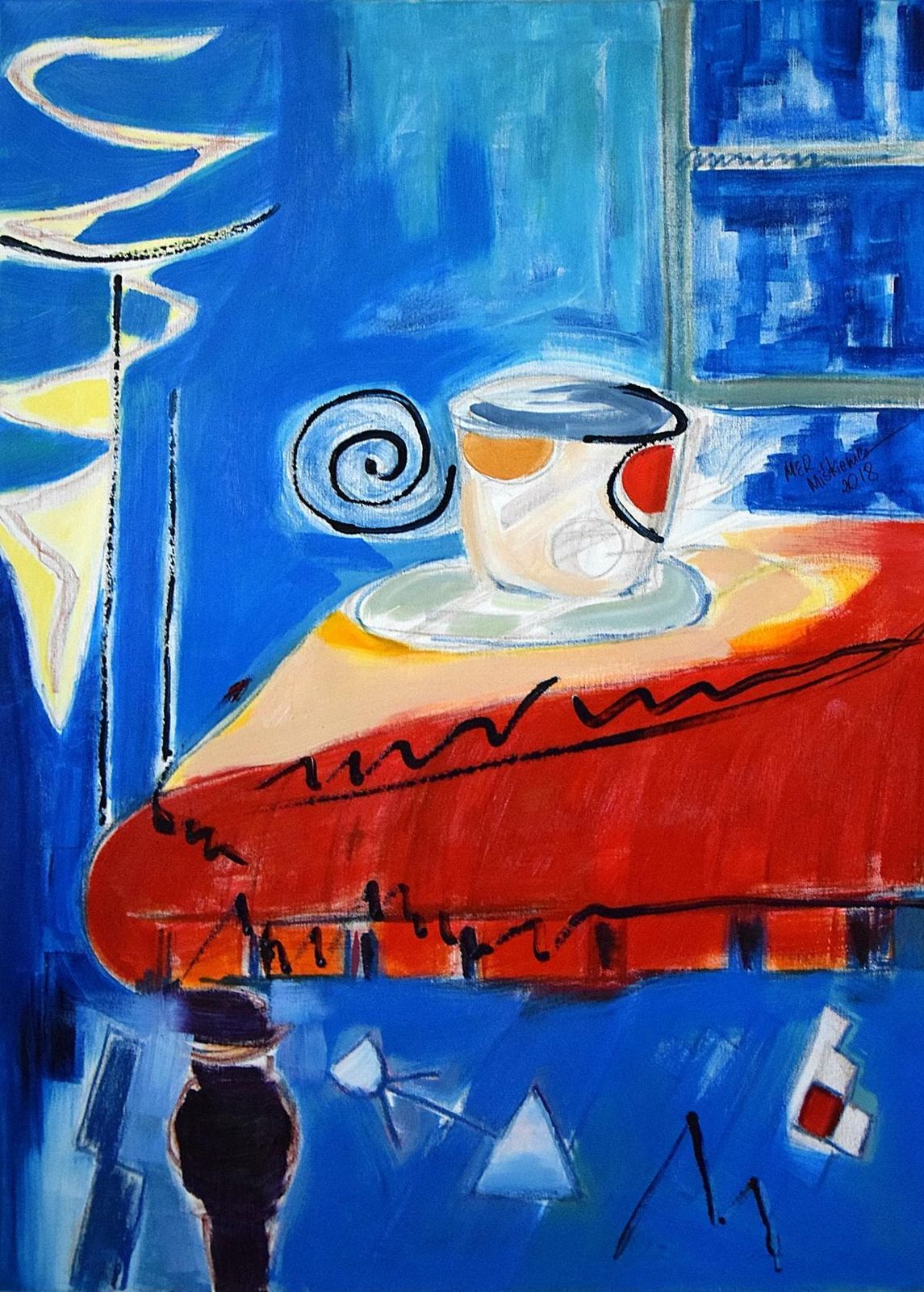 Marzena Miskiewicznocturn With Teacup   Still Life, Figurative Oil Painting, Bright Colors2018