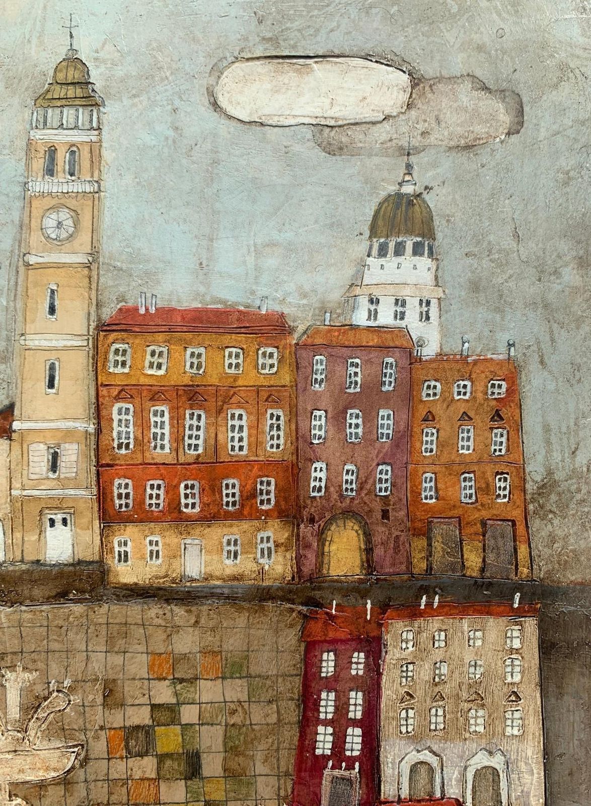 Dominika Stawarz Burskaa Town 11. Contemporary Figurative Mixed Media Artwork, Landscape, Polish Art2023 photo furniture
