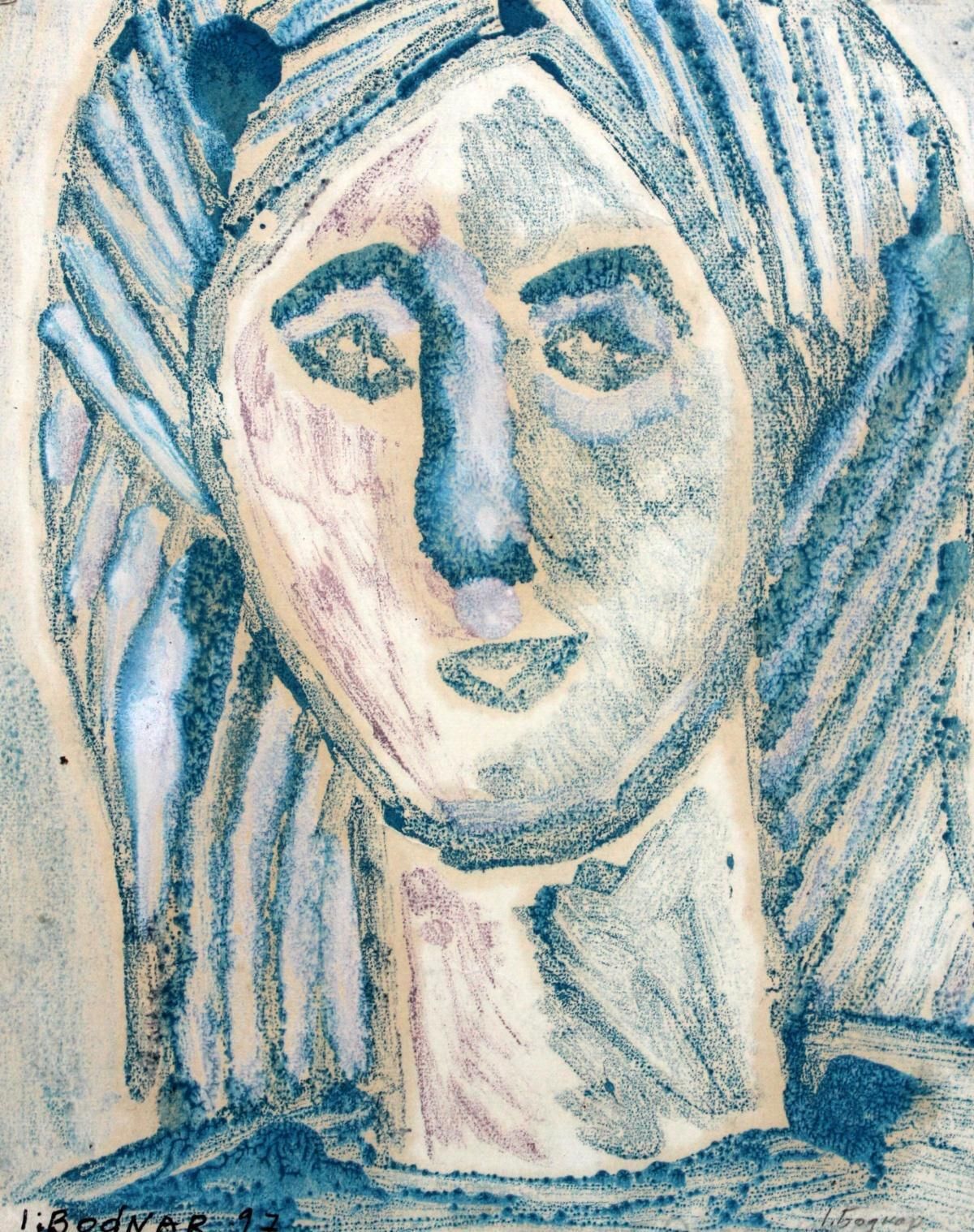 Igor Bodnaruntitled   XX Century, Mixed Media Portrait, Blue 1997