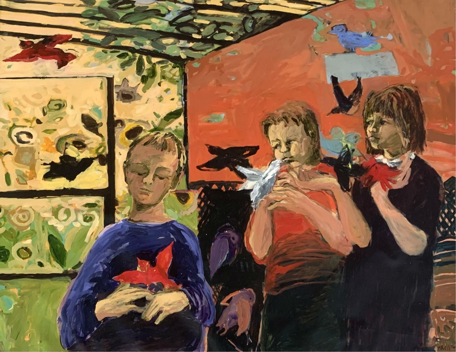 Monika Rossachildren With Birds. Contemporary Figurative Oil Painting, Colorful, Dynamic2012