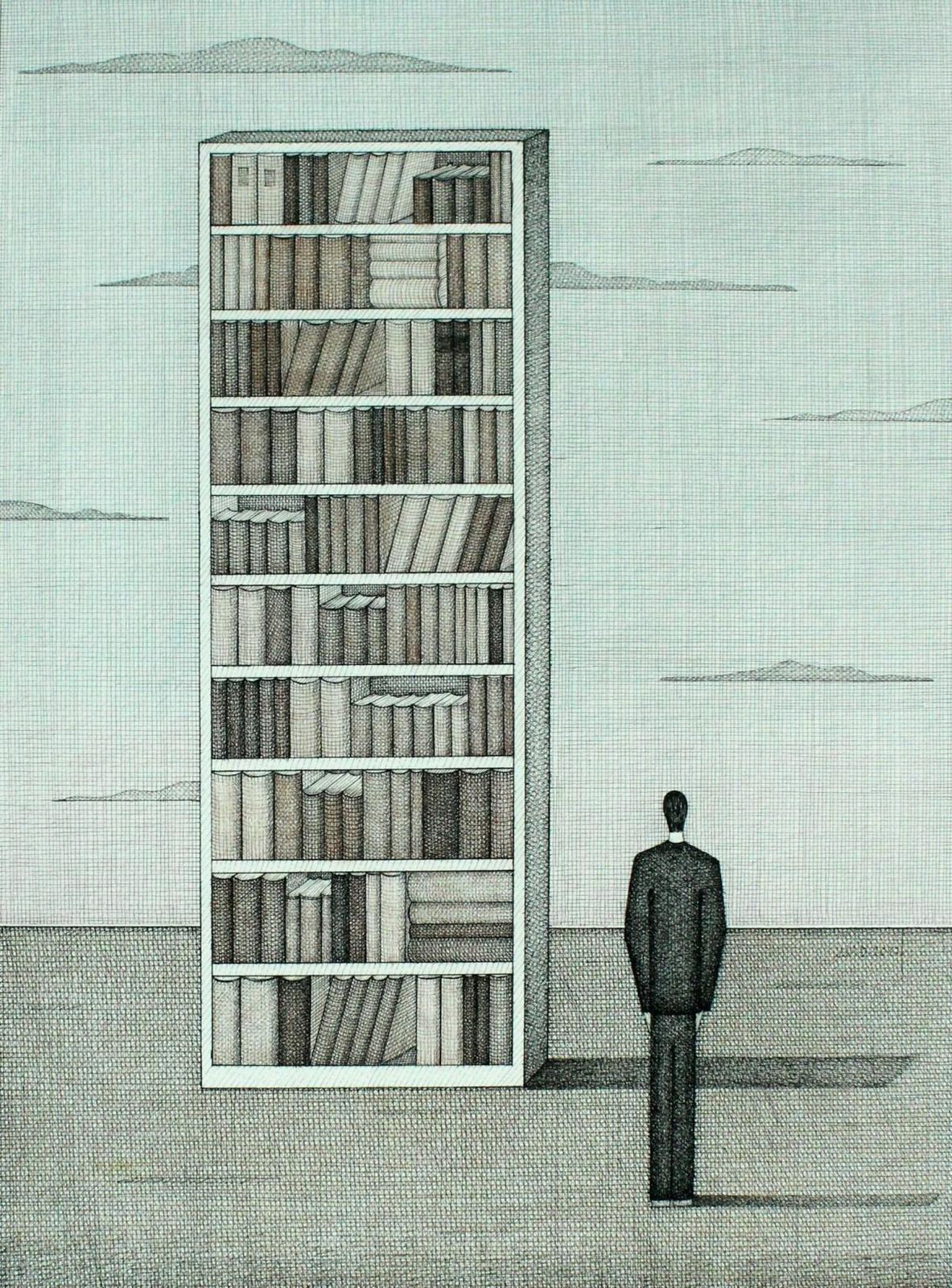 Joanna Wiszniewska Domanskalibrary In Clouds. Figurative Drawing, Symbolic Surrealism, Polish Artist2017