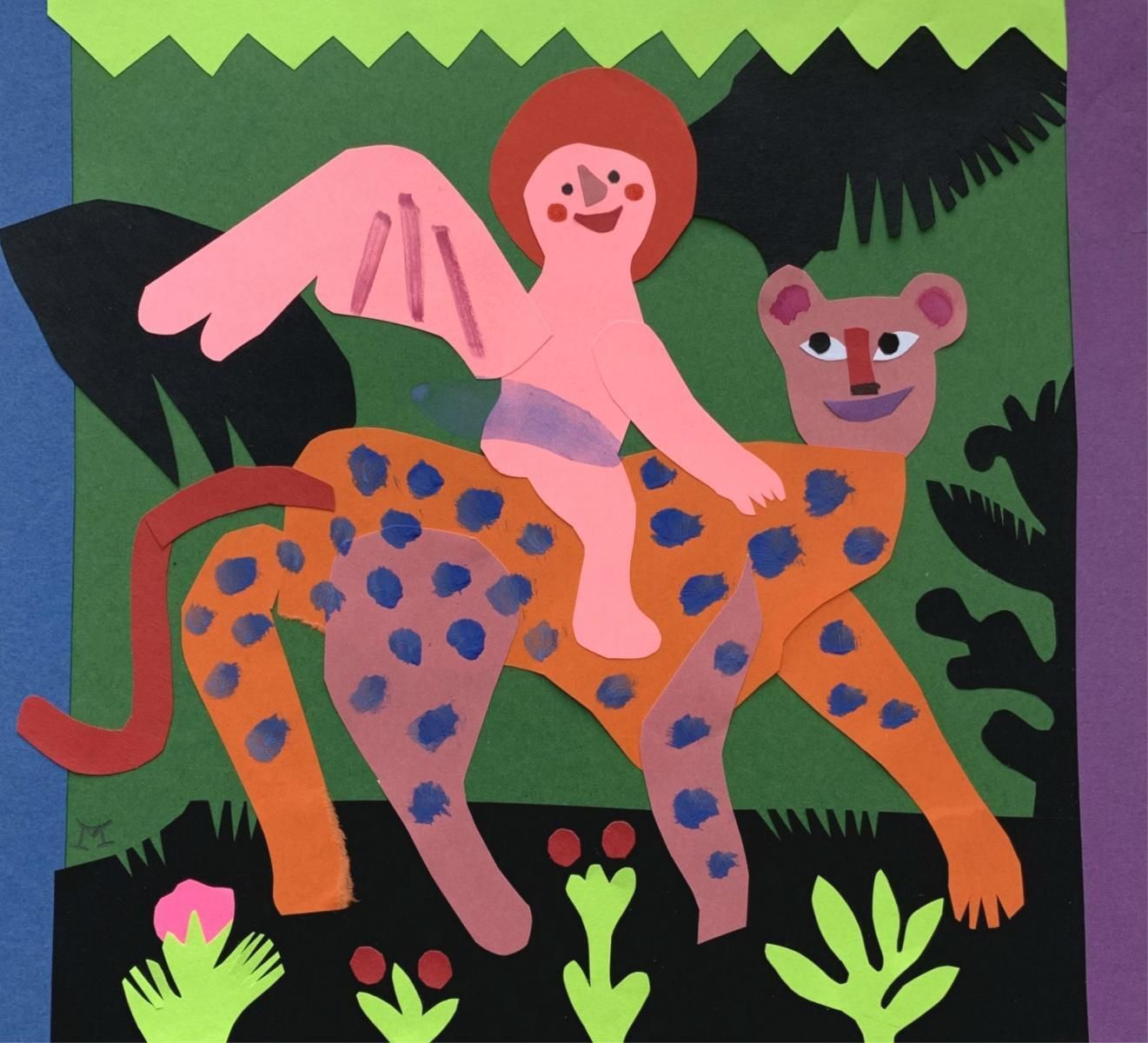 Marianna Oklejakleopard And Cherub. Papercut, Gouache Artwork, Animal, Figurative, Polish Artist2020