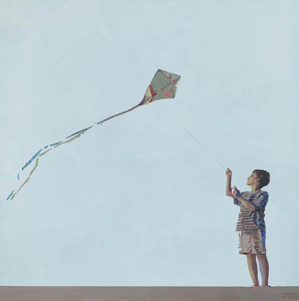 Joanna Woydabeach  With A Kite. Figurative Acrylic Painting, Minimalism, Pop Art, Polish Art2024