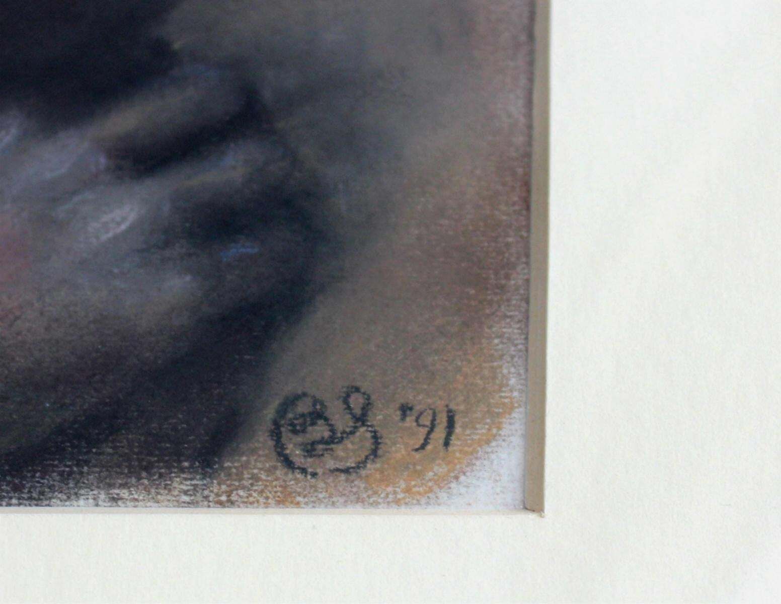 Barbara Dyoniziak Stussthoughtful   Xxi Century, Figurative Pastel Portrait, Symbolic, Dark Colours1991 photo furniture
