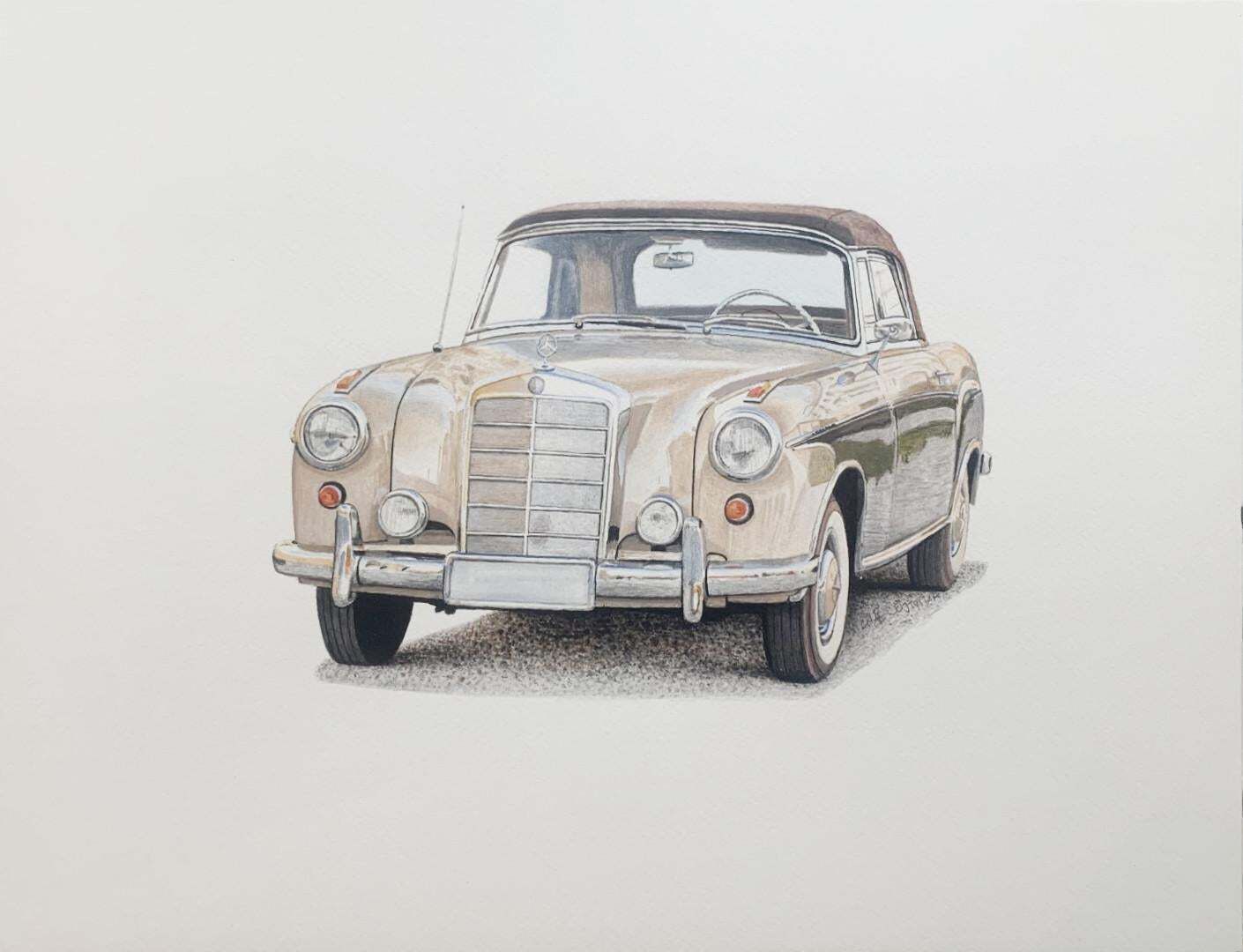 Michal Wojtysiakmercedes W128 Ponton. Figurative Acrylic On Paper Car Painting Polish Art2023