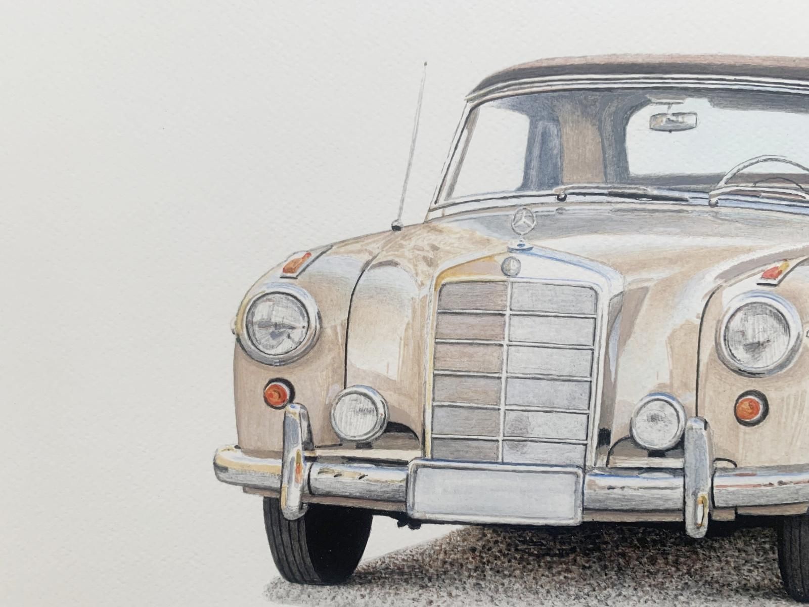 Michal Wojtysiakmercedes W128 Ponton. Figurative Acrylic On Paper Car Painting Polish Art2023 photo for sale