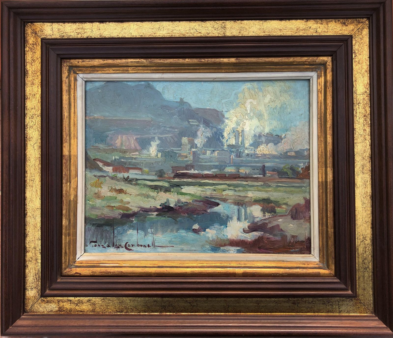 Rosendo Gonzalez Carbonell Industrial River Landscape With Factory Smoke, Spanish Post Impressionist Oil On Panel, Framed, C.1975 photo furniture