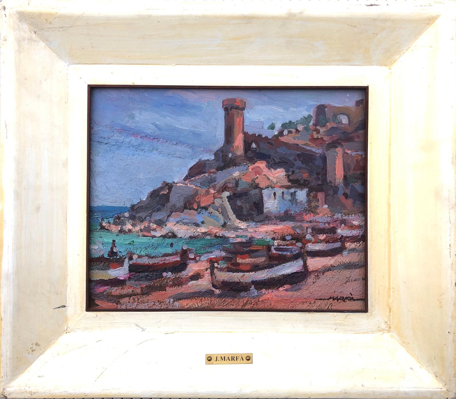Josep Marfa Guarro Tossa De Mar Spanish Seascape Original Oil On Cardboard Painting Mediterranean 1985 photo furniture