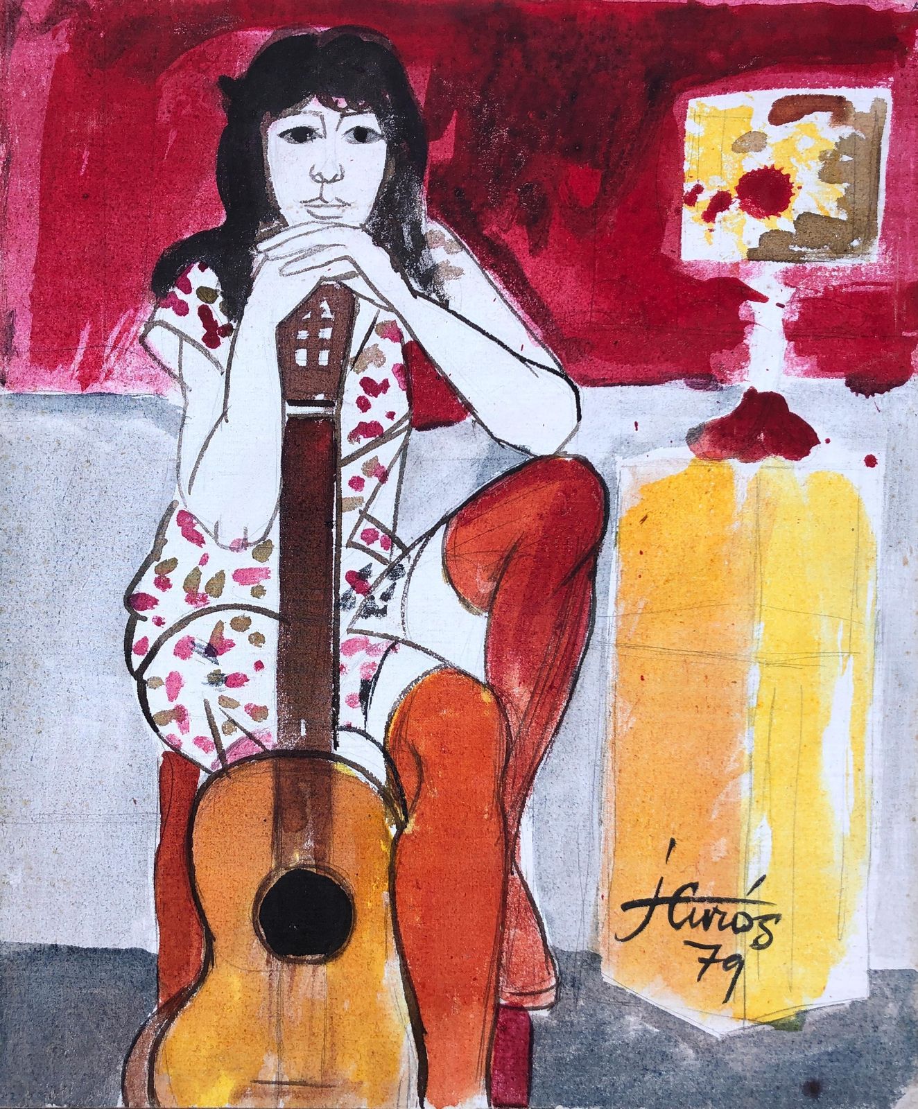 Jordi Curos Woman Posing With Guitar Mixed Media Painting 1979