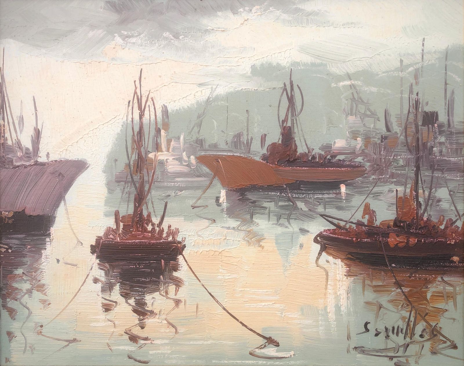 Antonio Segrelles Spanish Pier Oil On Canvas Painting Spain Seascape C.2000