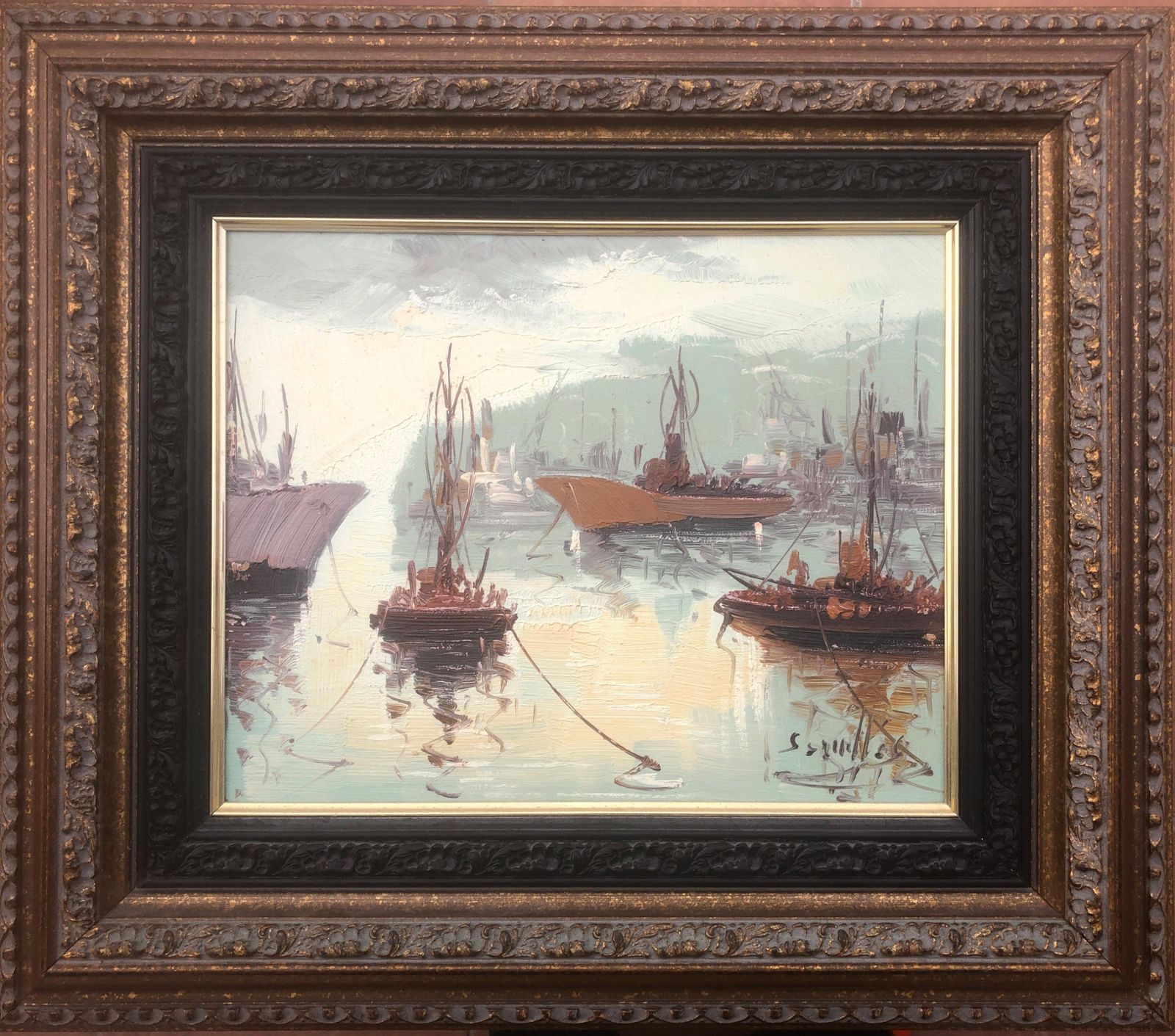 Antonio Segrelles Spanish Pier Oil On Canvas Painting Spain Seascape C.2000 photo furniture