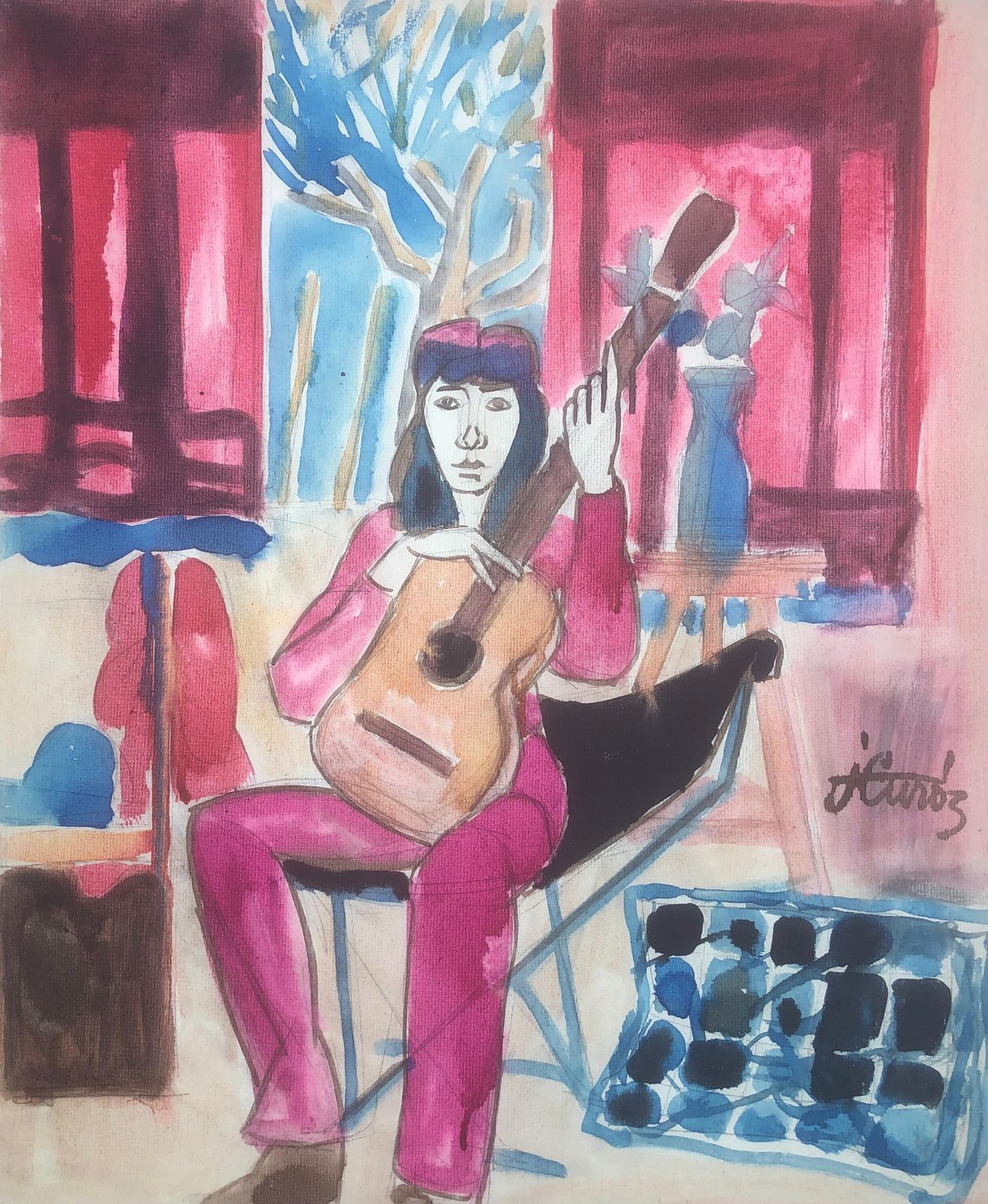 Jordi Curos Woman With Guitar Mixed Media Painting C.1985