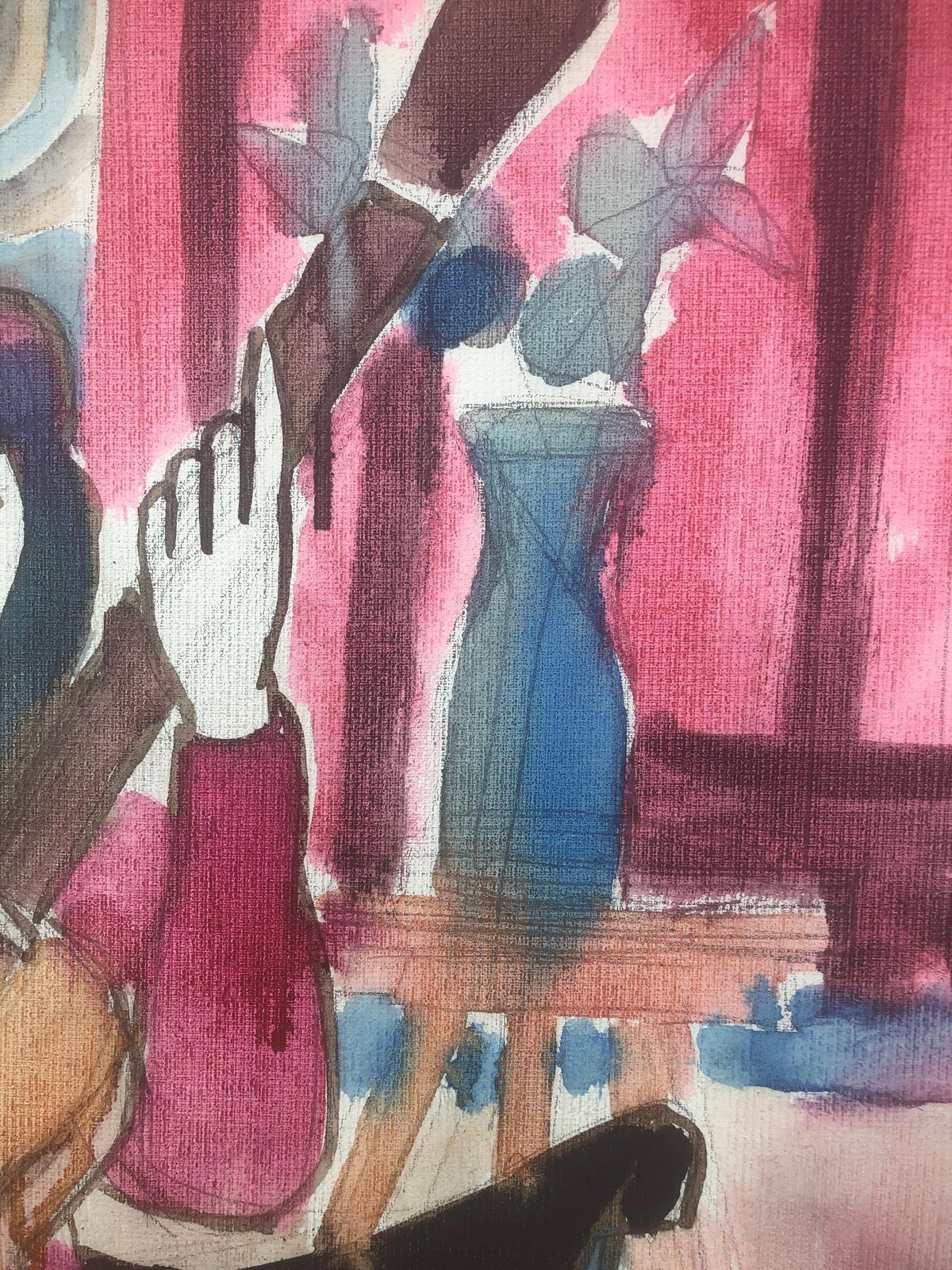 Jordi Curos Woman With Guitar Mixed Media Painting C.1985 photo for sale