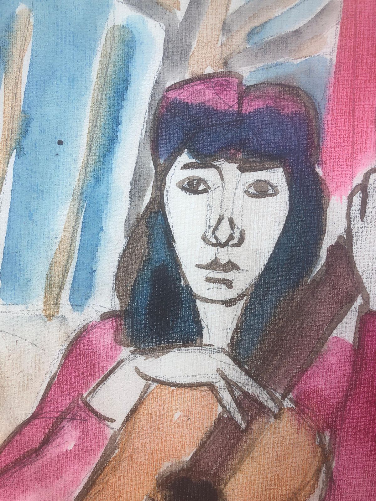 Jordi Curos Woman With Guitar Mixed Media Painting C.1985 photo Art