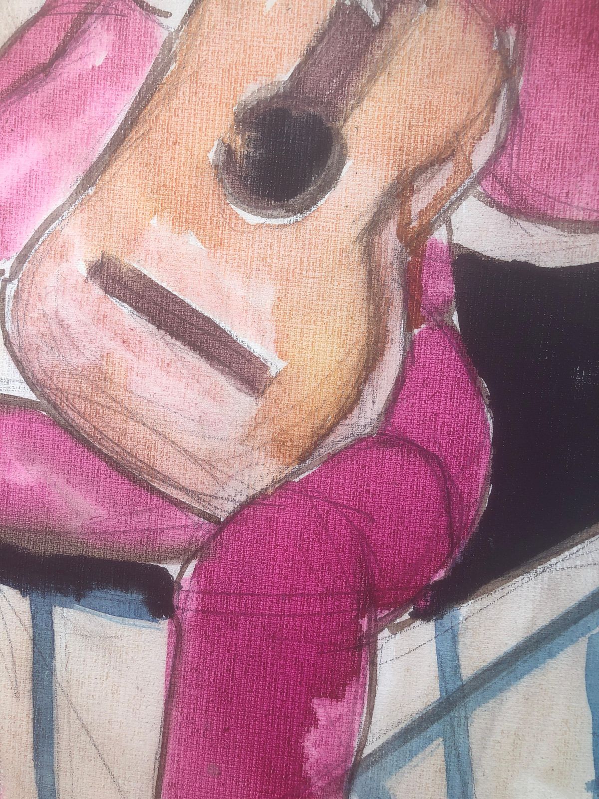 Jordi Curos Woman With Guitar Mixed Media Painting C.1985 photo vinterior