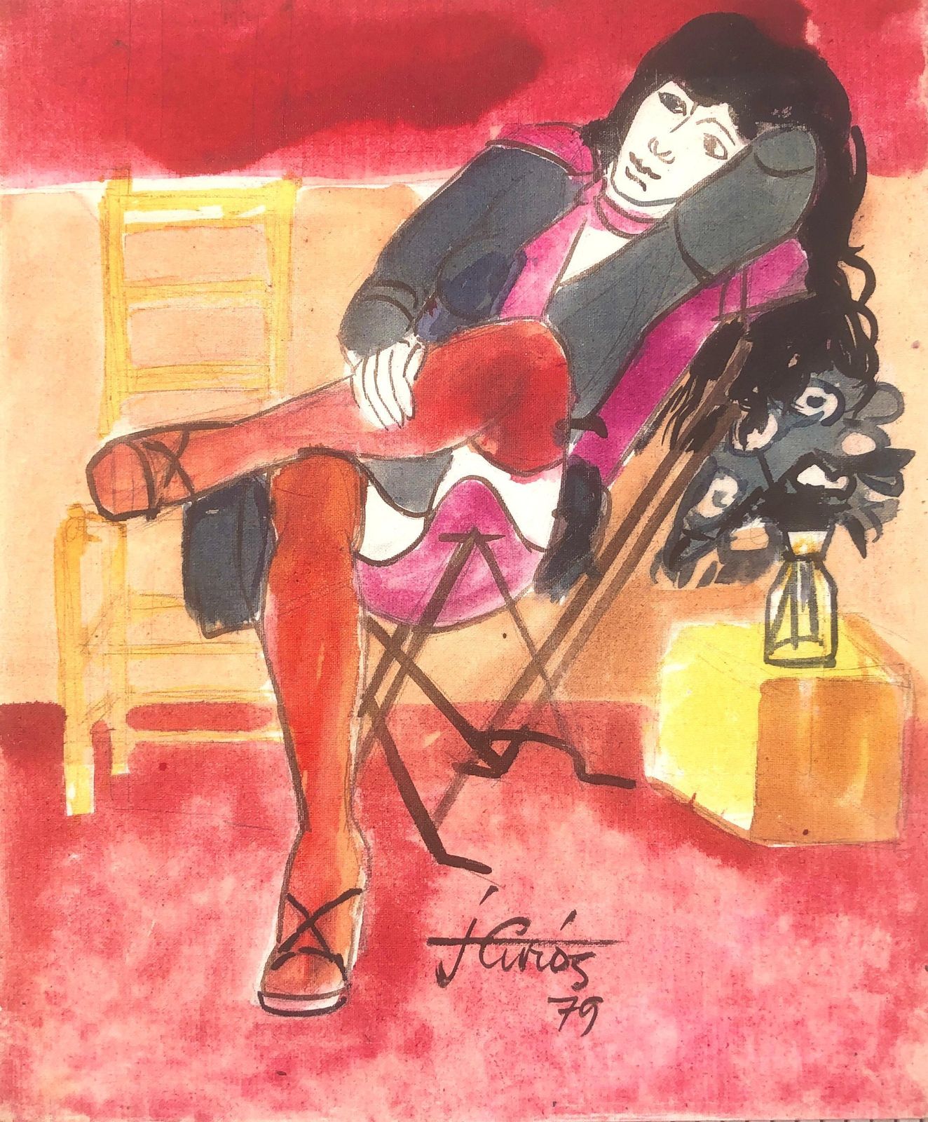 Jordi Curos Woman Posing Mixed Media Painting 1979