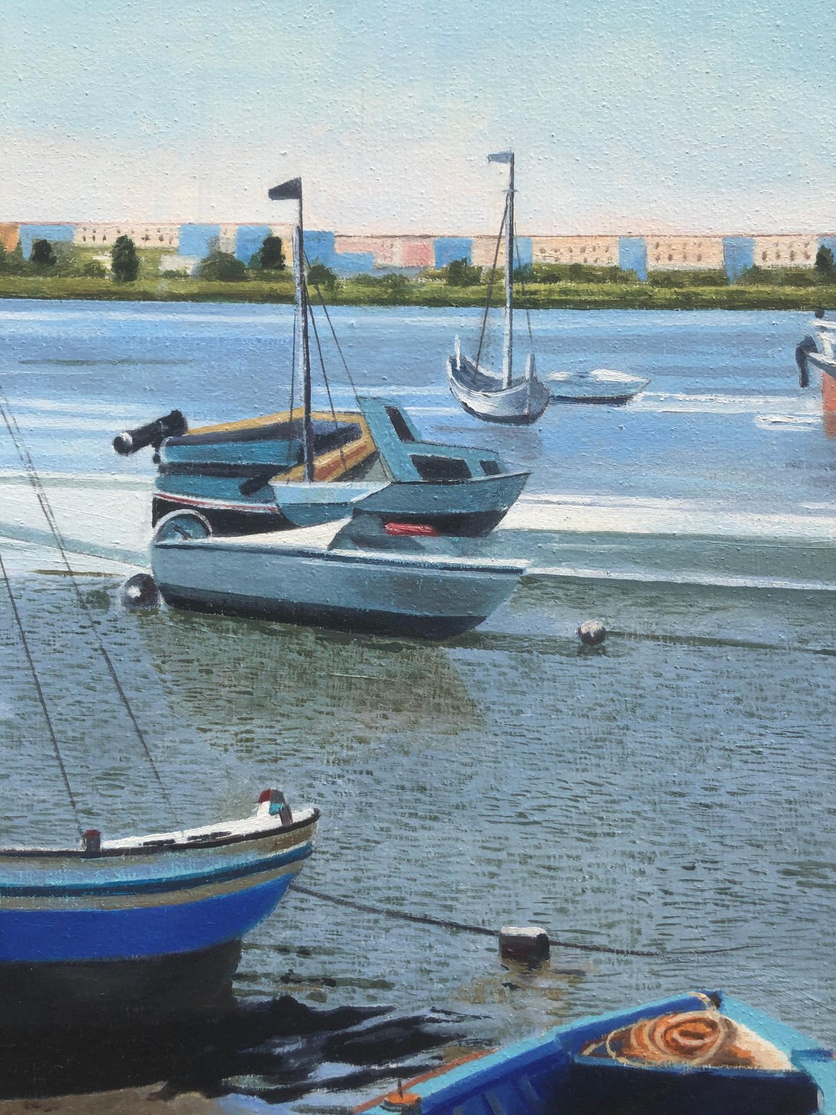 Unknown Barreiro Portugal Oil On Canvas Painting Seascape Beach Boats 2009 photo 400.0