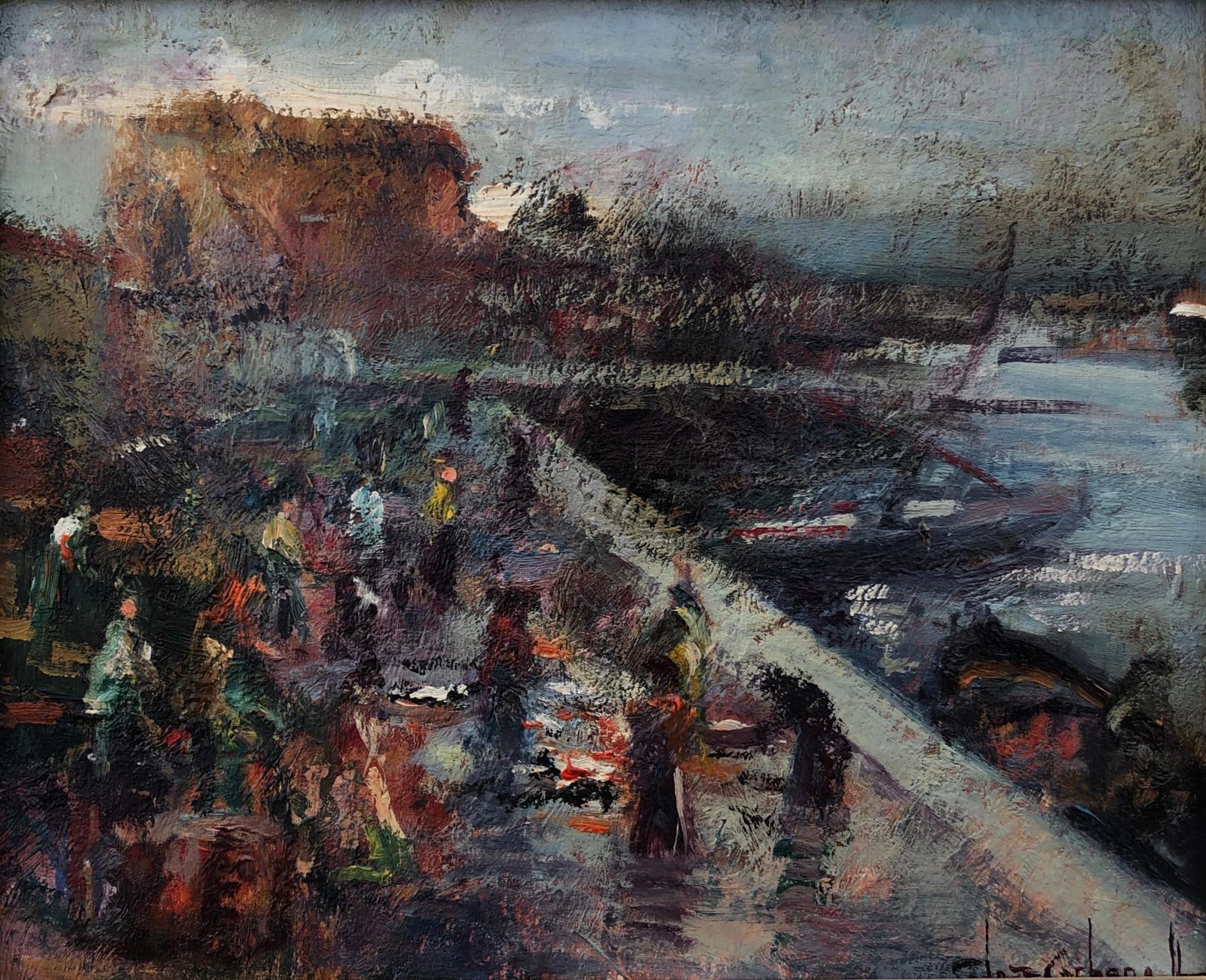 Rosendo Gonzalez Carbonell Life By The Pier Spain Spanish Landscape Oil On Board Painting C.1980