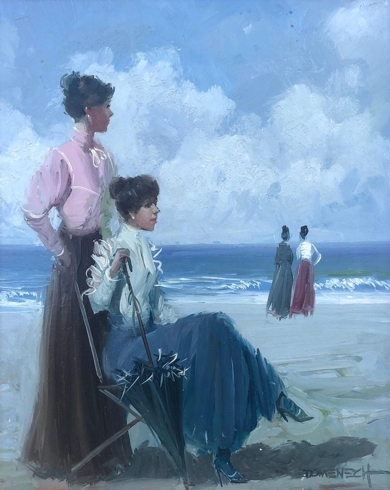 Unknown Elegant Ladies On The Beach Spanish Seaside Figurative Oil Painting 20th Century C.1980