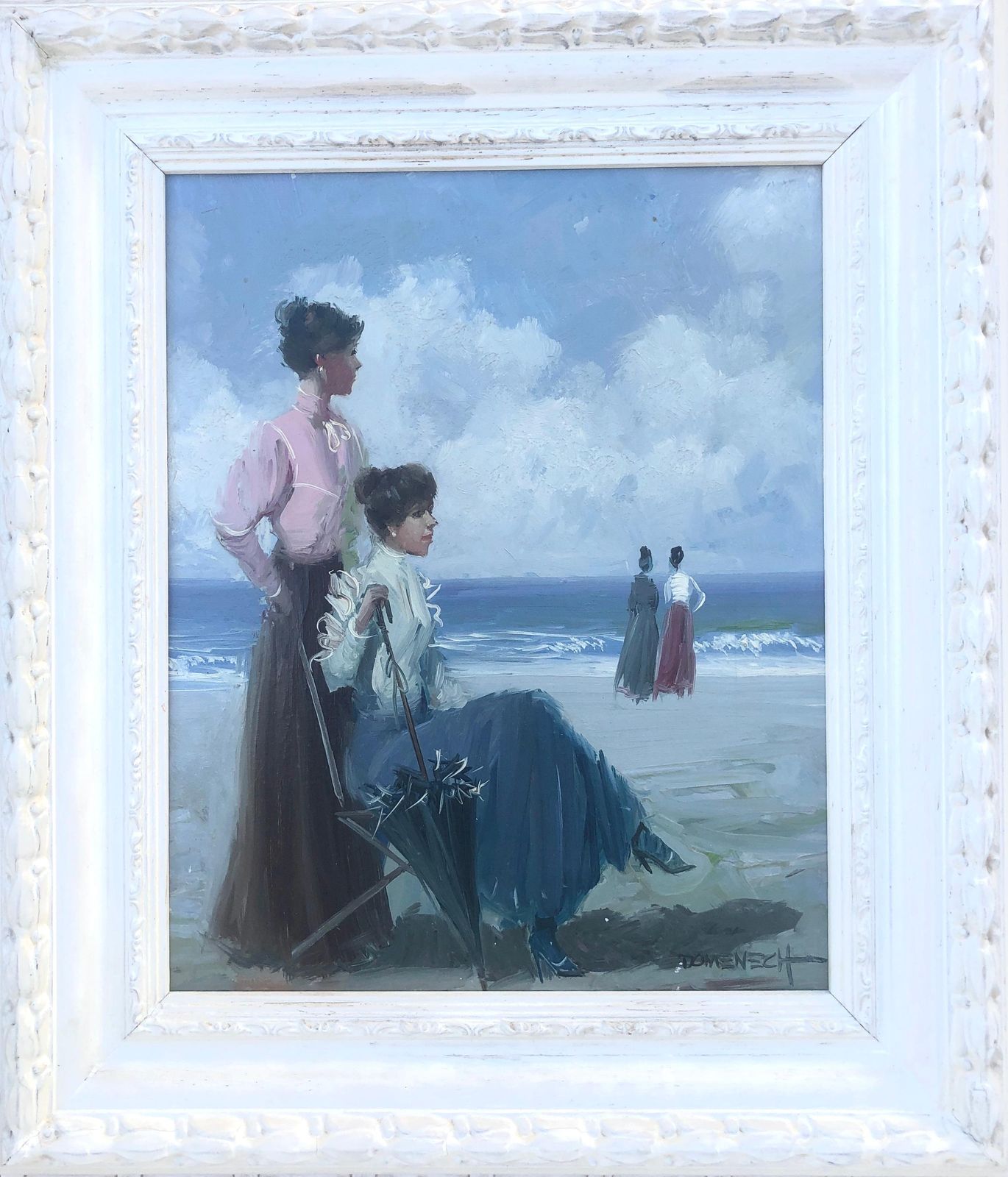 Unknown Elegant Ladies On The Beach Spanish Seaside Figurative Oil Painting 20th Century C.1980 photo furniture