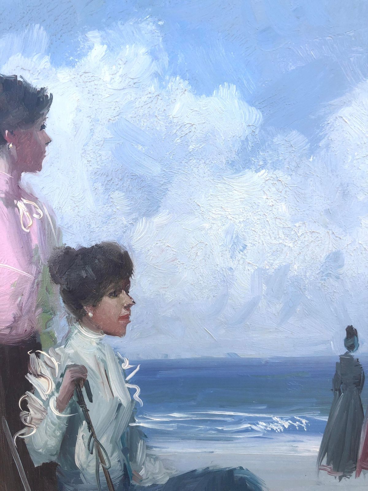 Unknown Elegant Ladies On The Beach Spanish Seaside Figurative Oil Painting 20th Century C.1980 photo 400.0