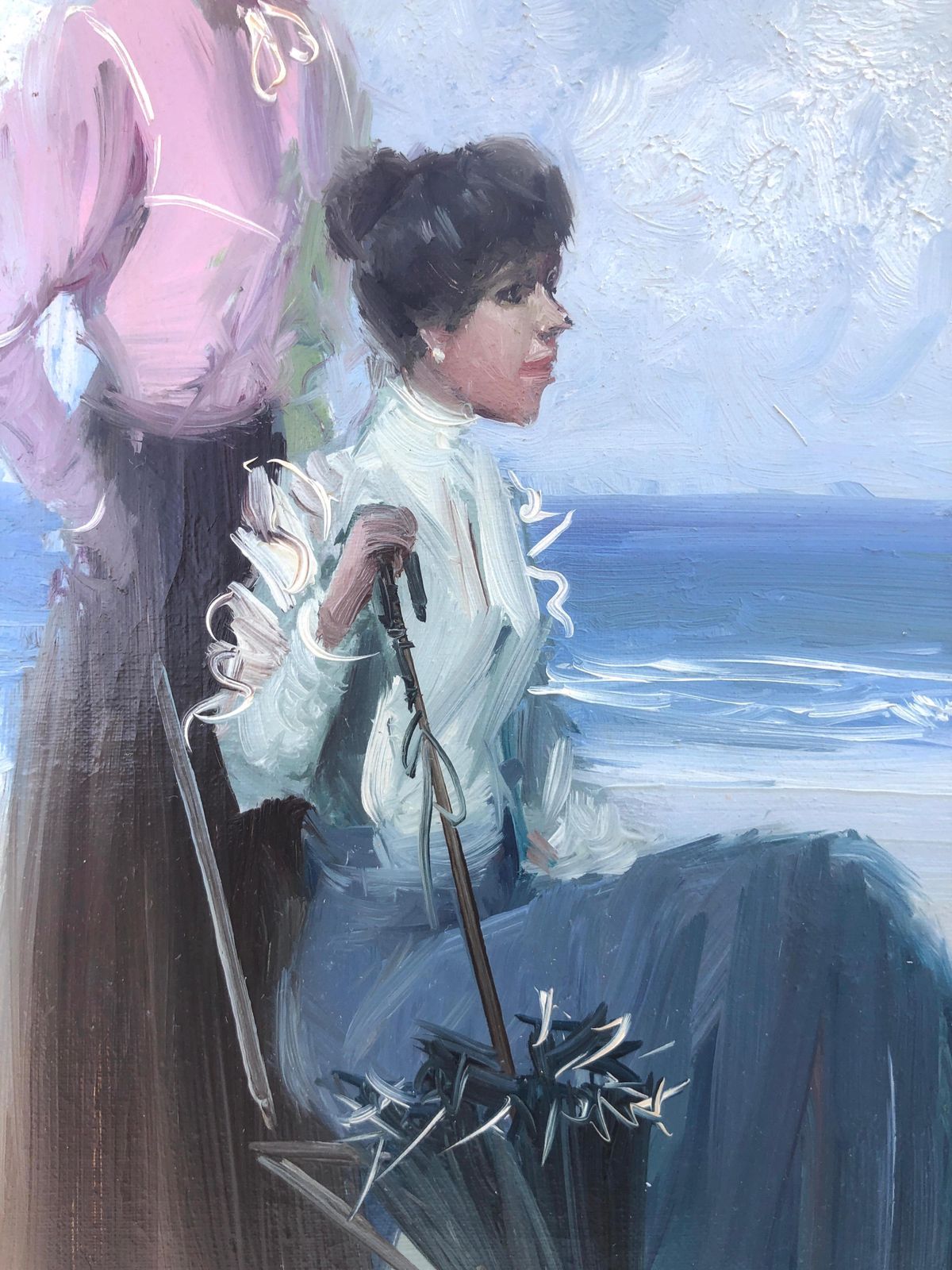 Unknown Elegant Ladies On The Beach Spanish Seaside Figurative Oil Painting 20th Century C.1980 photo vinterior