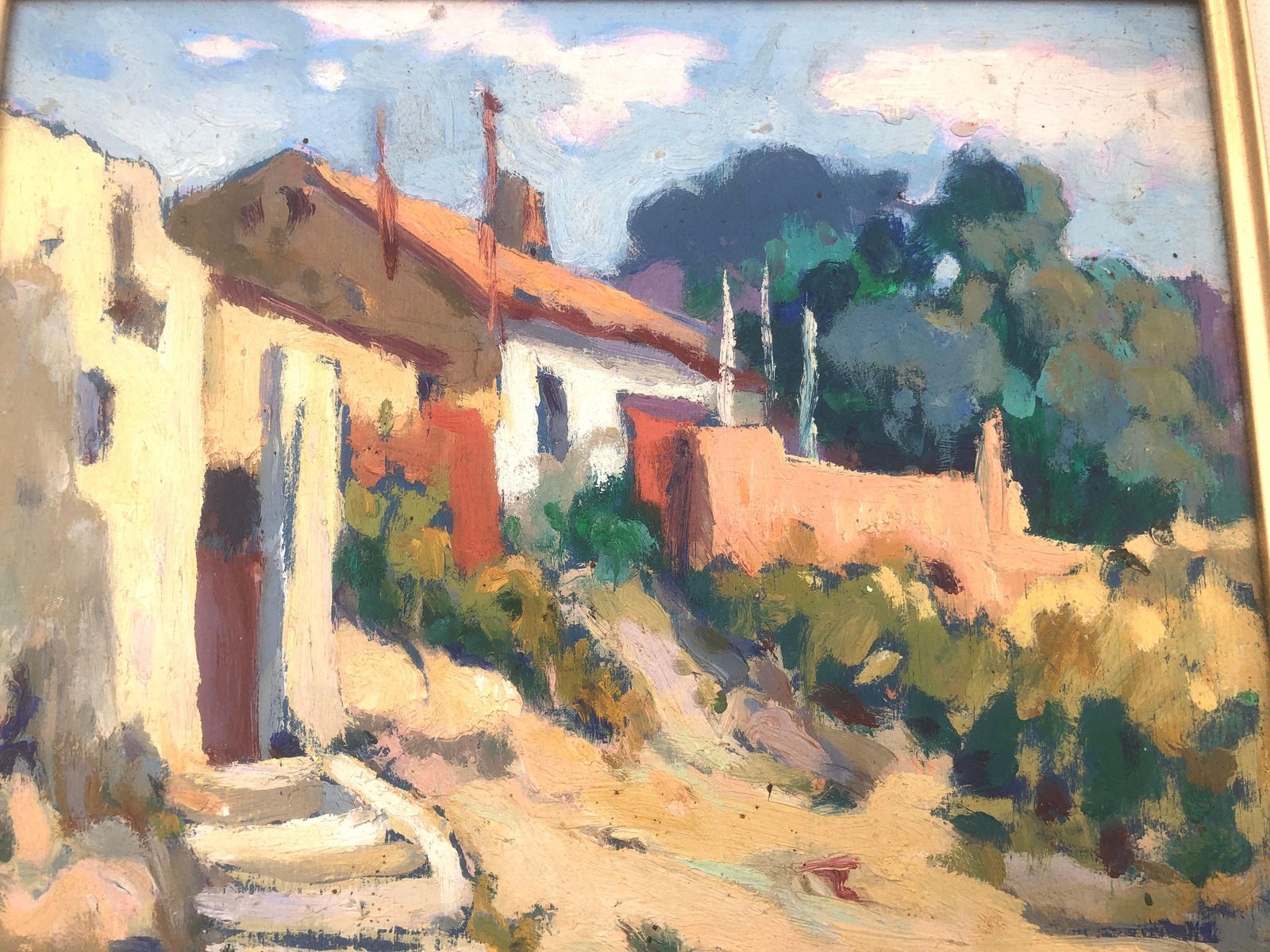 ángel Román Pina – Zonnig Spaans Dorpsgezicht, Post Impressionistisch Olieverfschilderij, Mediterraan Binnenplaatslandschap, Ca. 1960 photo buy