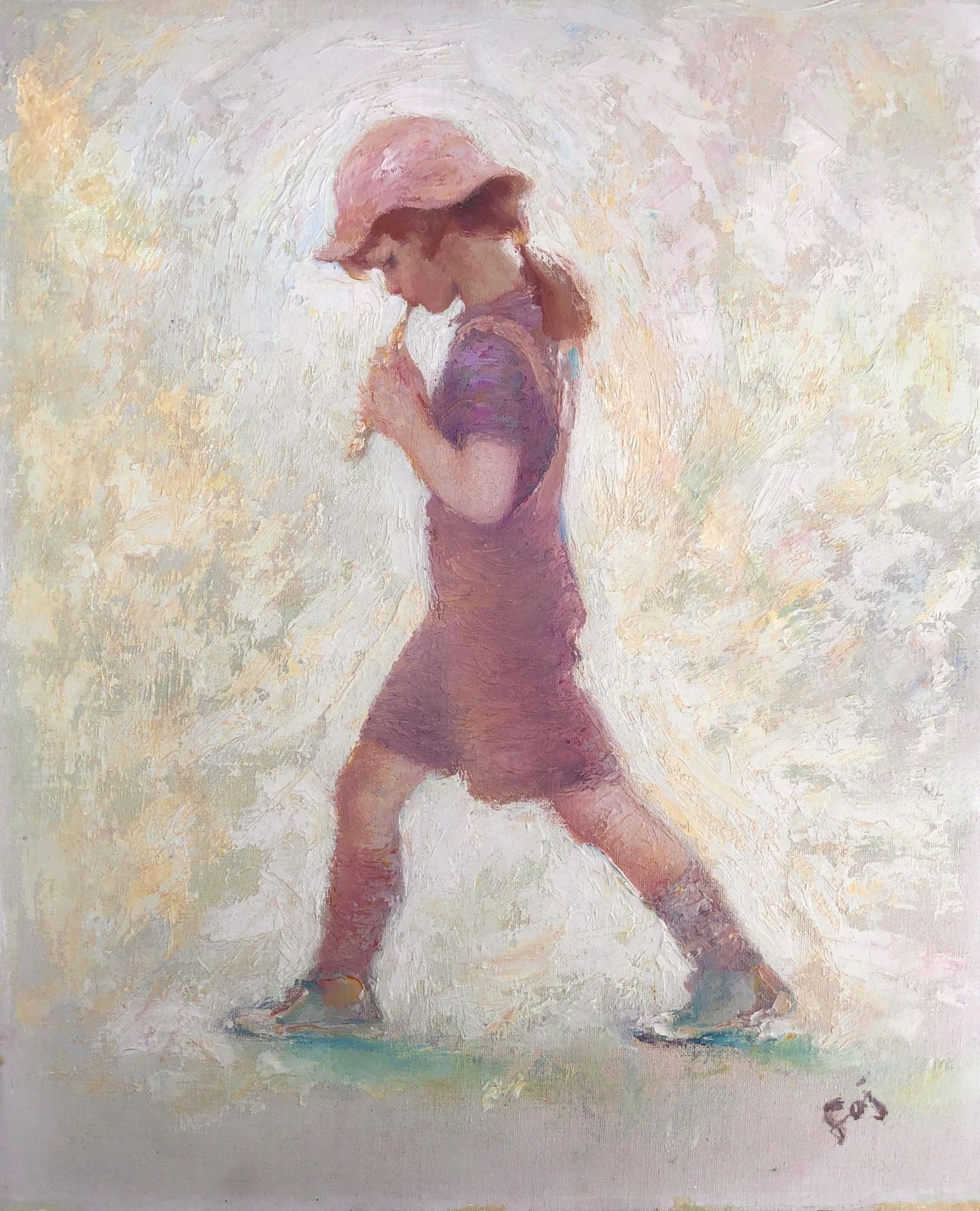 Enrique Montserrat Foj Impressionistisch Meisje Met Fluit Poëtisch Spaans Figuratief Olieverfschilderij 1980s