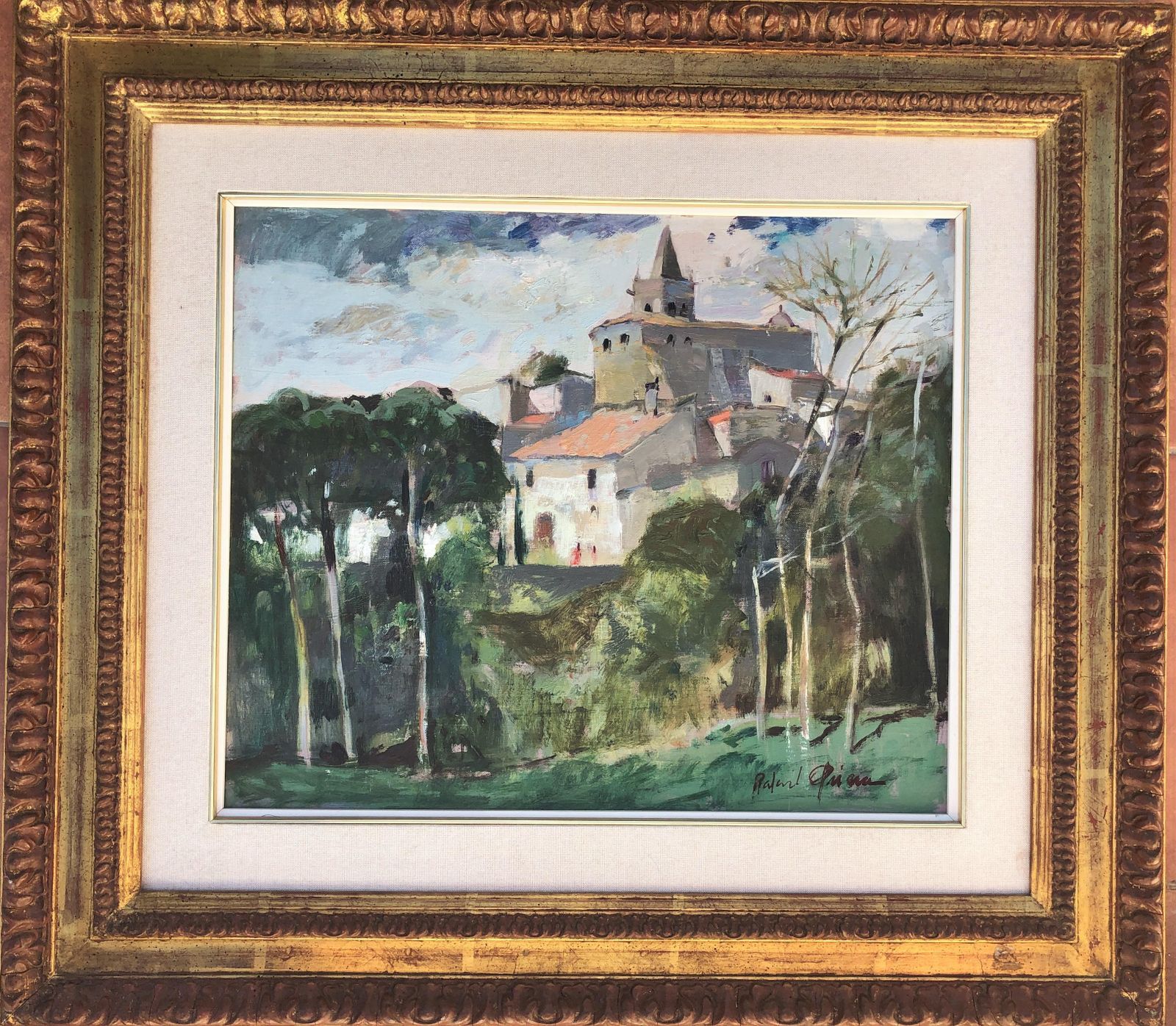 Rafael Griera Calderón Post Impressionist Mediterranean Village With Church, Spanish Landscape Oil On Canvas, Framed, C.1995 photo furniture