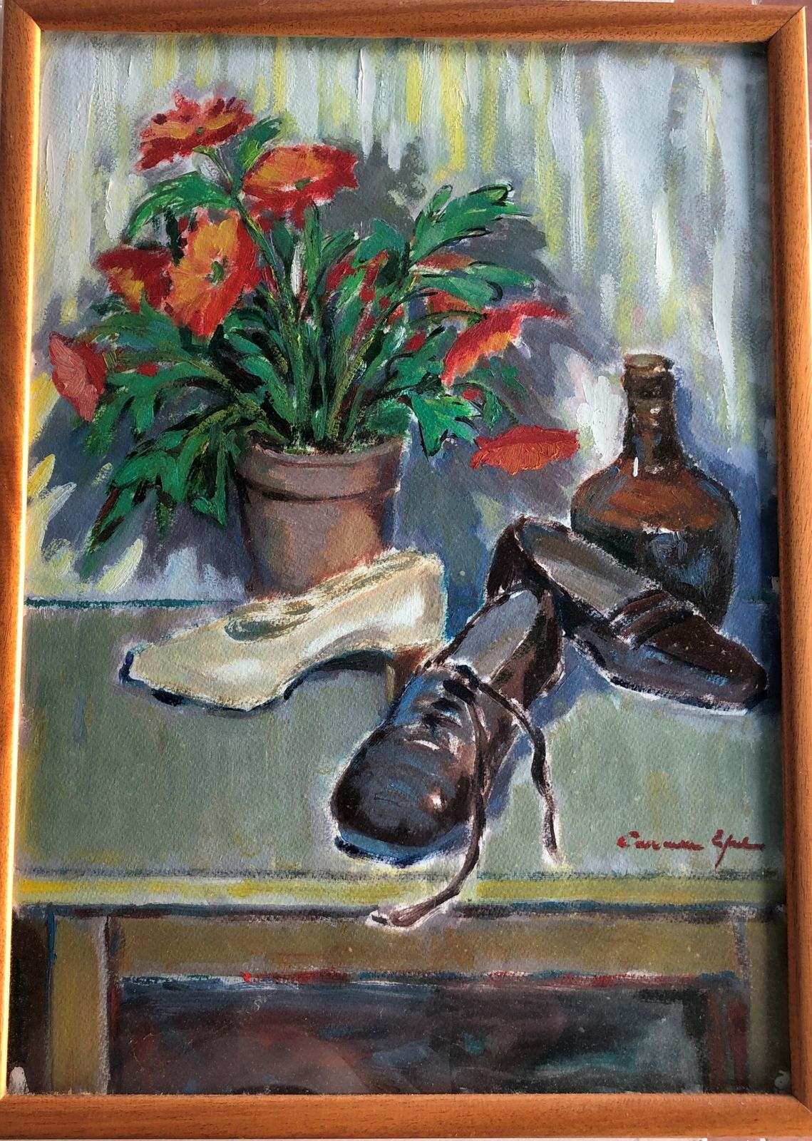 Carmen Espel – Mid Century Post Impressionistisch Stilleven Met Schoenen En Bloemen, Spaans Olieverf Op Papier, Ingelijst, Ca. 1980 photo furniture