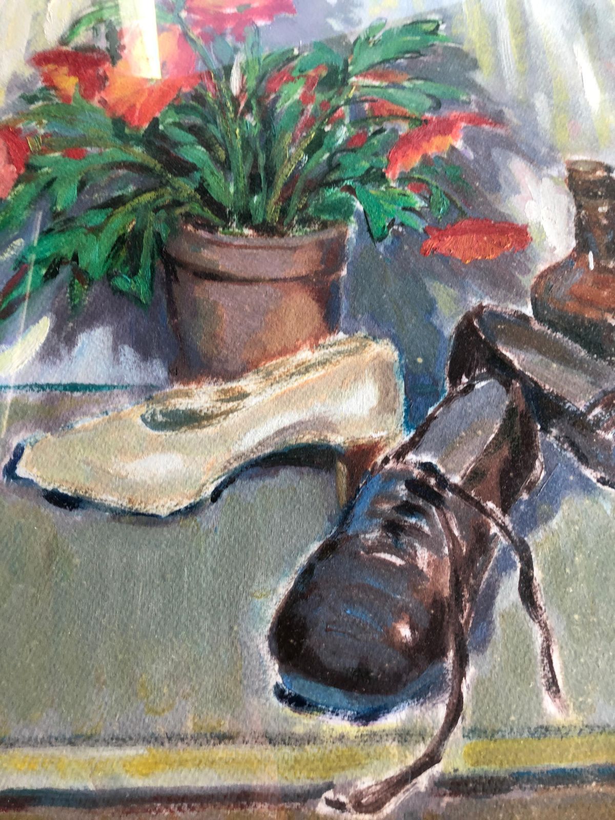 Carmen Espel Mid Century Post Impressionist Still Life With Shoes And Flowers, Spanish Oil On Paper, Framed, C.1980 photo vinterior
