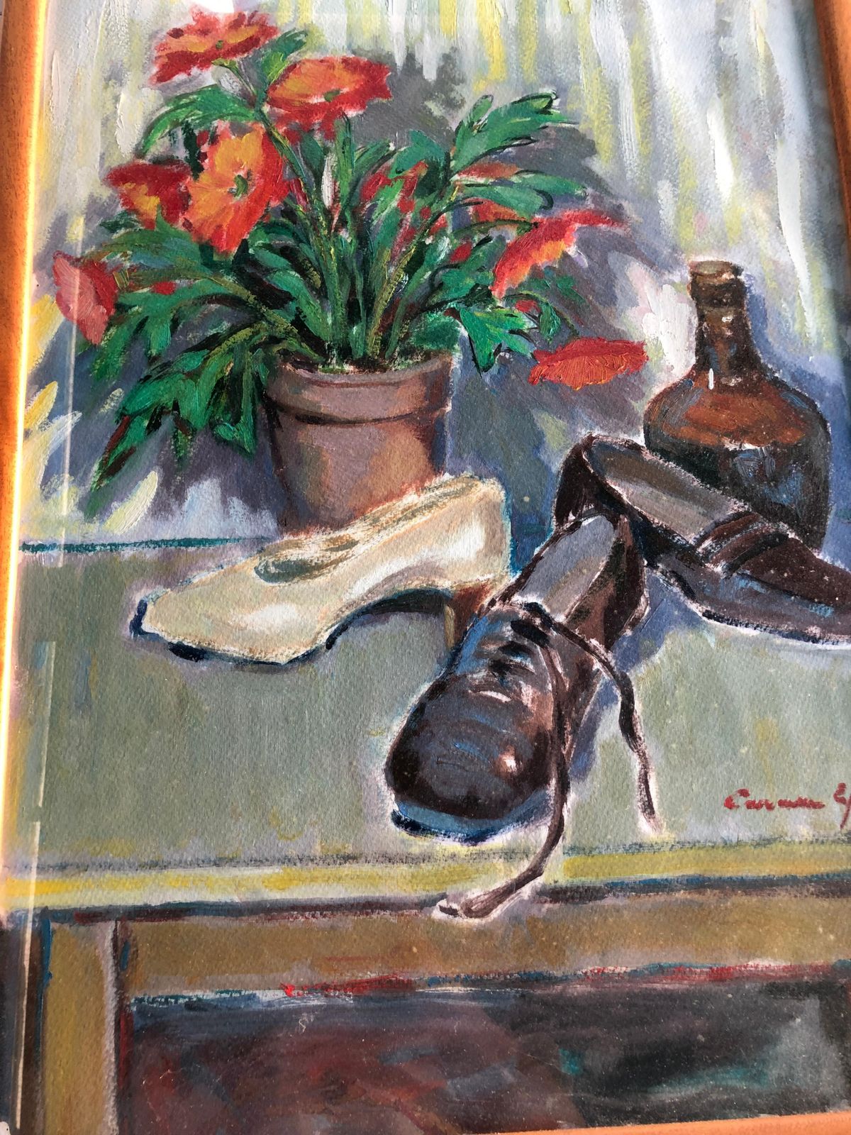 Carmen Espel Mid Century Post Impressionist Still Life With Shoes And Flowers, Spanish Oil On Paper, Framed, C.1980 photo buy