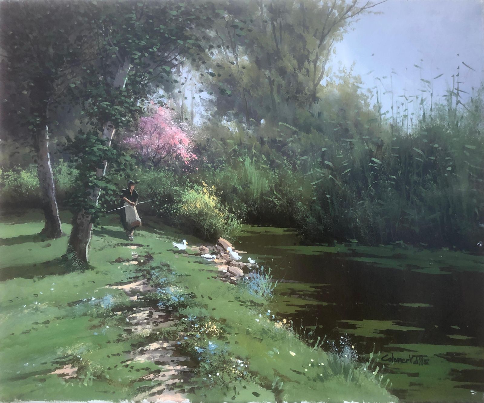 Josep Colomer Valls Landscape With River Oil On Canvas Painting Spain Spanish C.2010