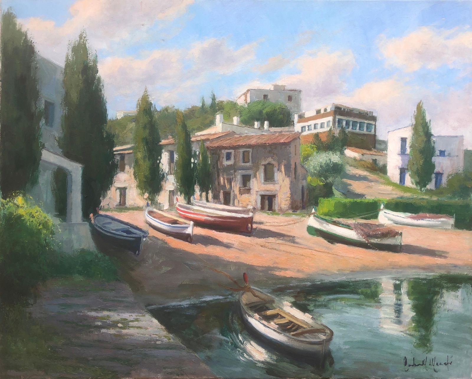Francisco Carbonell Massabe Mediterranean Port Landscape Boats Reflections Spanish Coastal Oil Canvas C.1995