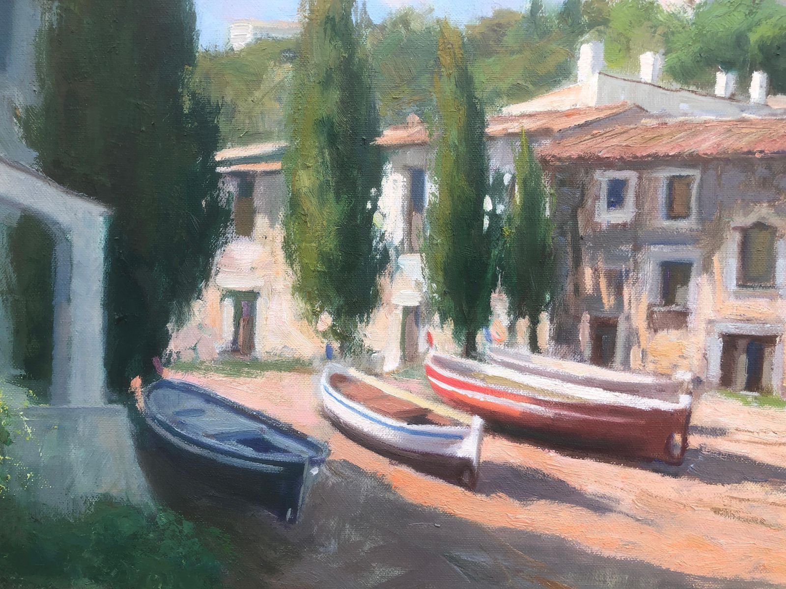Francisco Carbonell Massabe Mediterranean Port Landscape Boats Reflections Spanish Coastal Oil Canvas C.1995 photo buy
