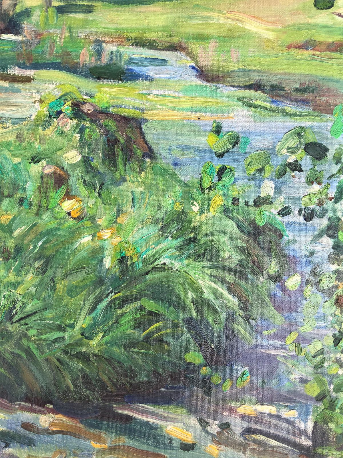 Gabriel Amat Pages Mid Century Mediterranean Landscape With Stream And Farmhouse, Spanish Impressionist Oil On Canvas 1950s photo vinterior