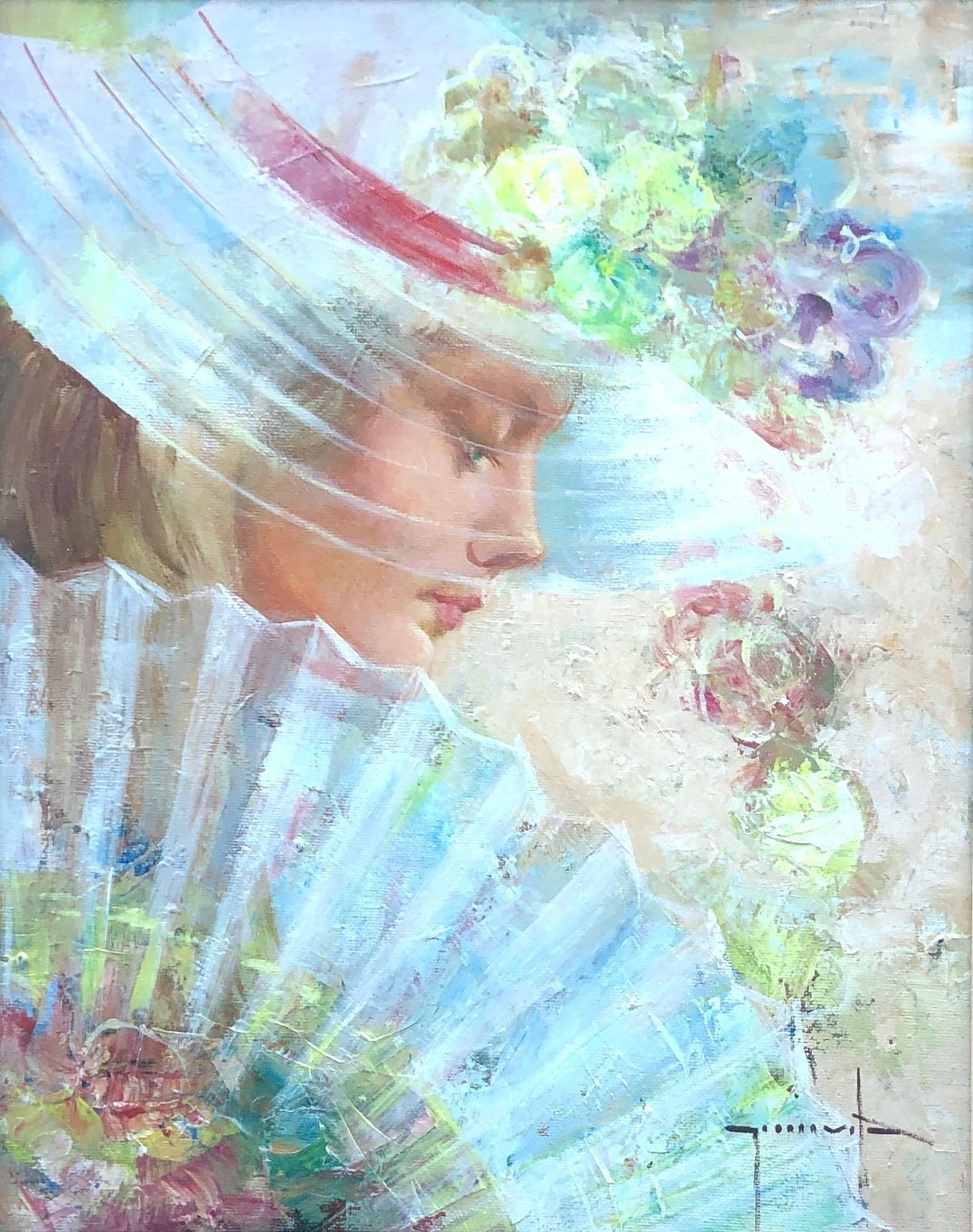 Gumersindo Vila Woman In Profile With Fan Oil On Board Painting C.2000