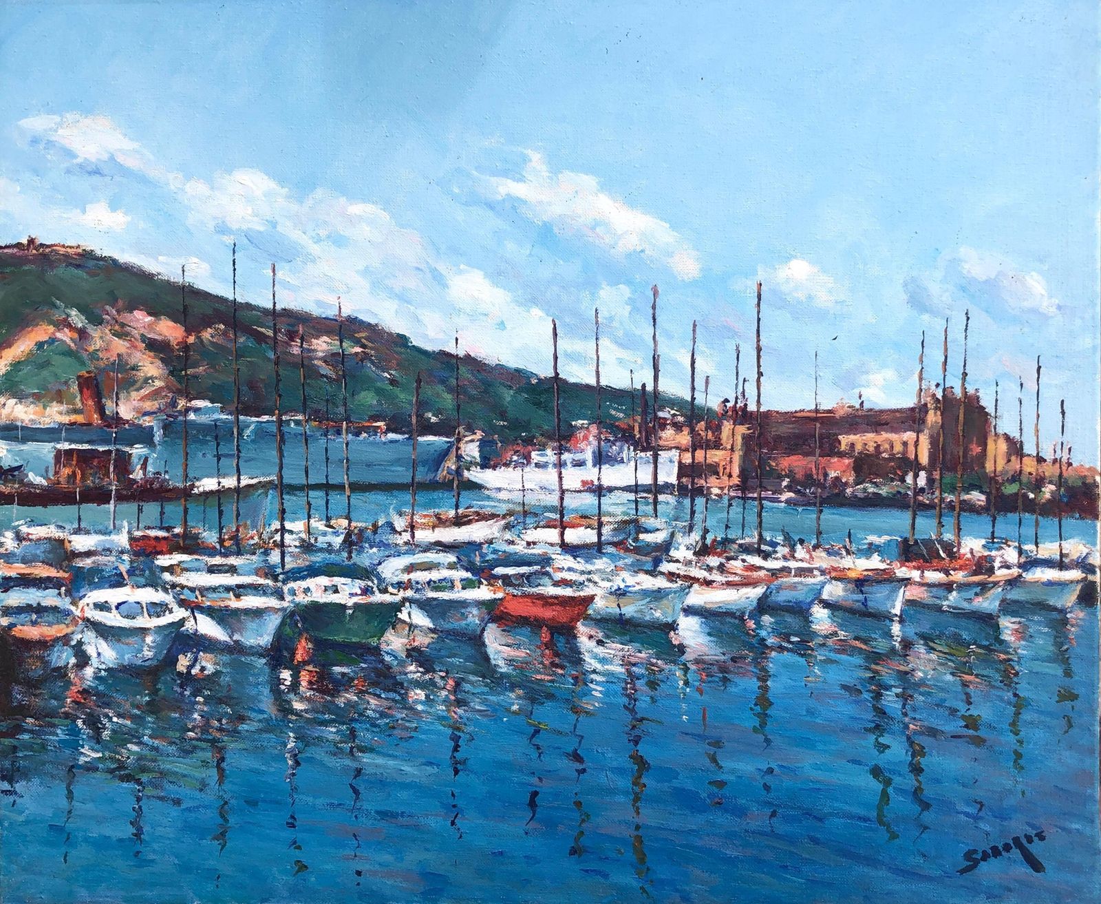 Francesc Saborit Barcelona Nautical Port Club Oil On Canvas Painting 1991