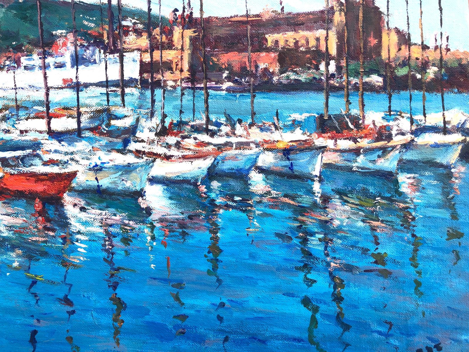 Francesc Saborit Barcelona Nautical Port Club Oil On Canvas Painting 1991 photo for sale