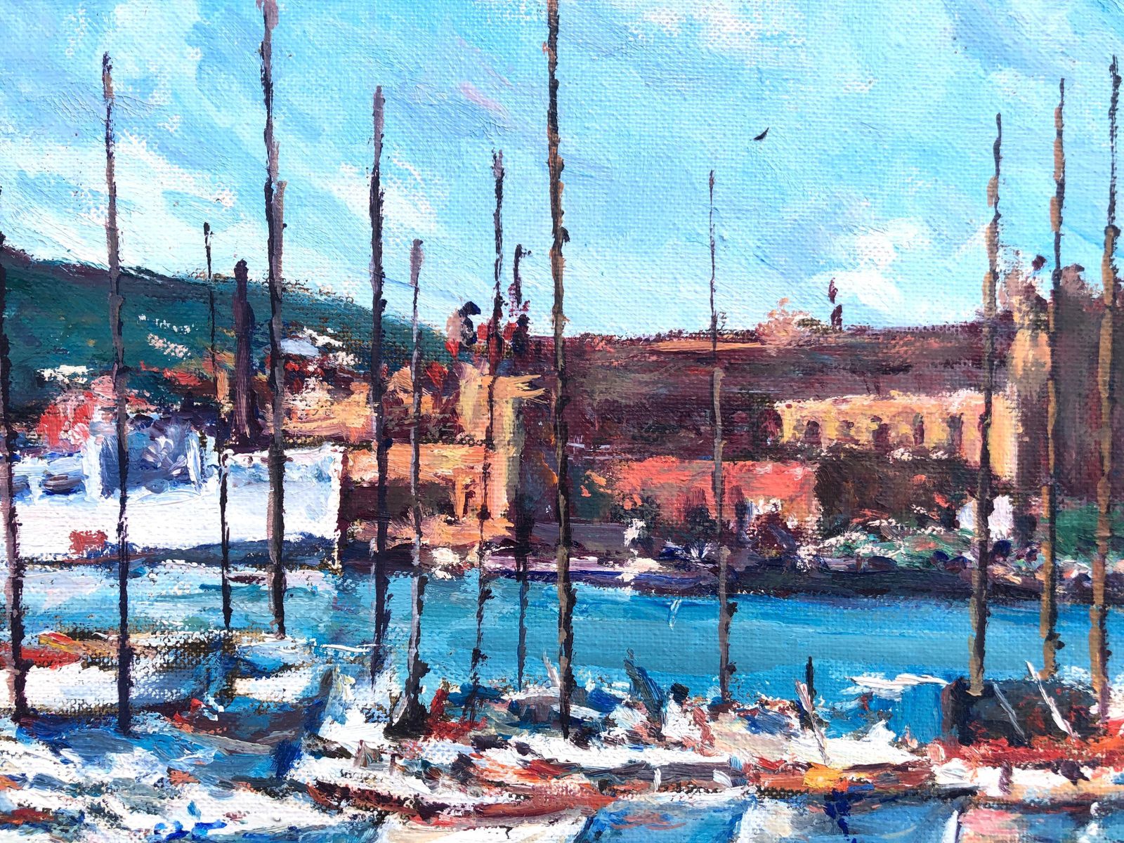Francesc Saborit Barcelona Nautical Port Club Oil On Canvas Painting 1991 photo Art