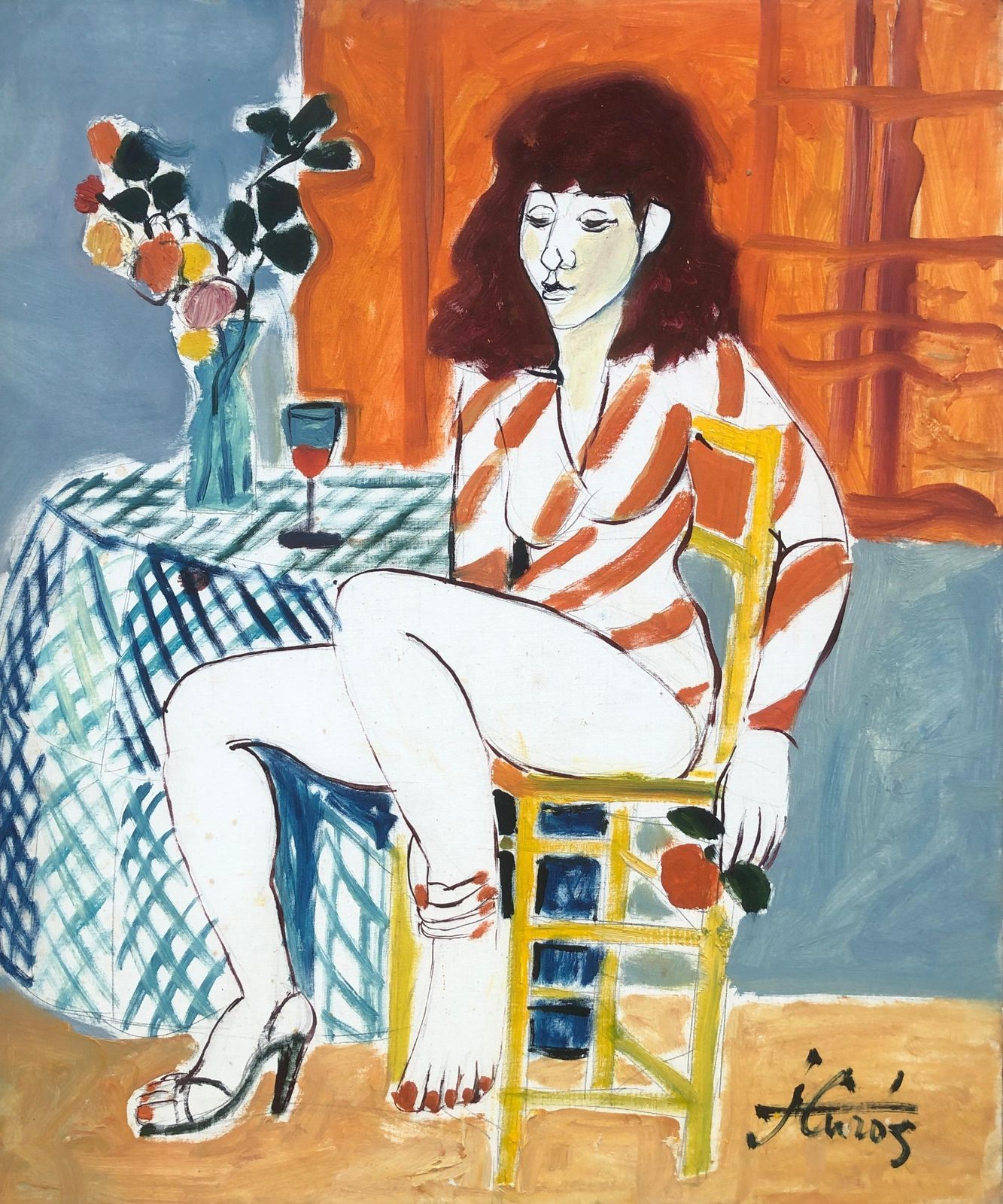 Jordi Curos Woman Posing Acrylic Painting C.1980