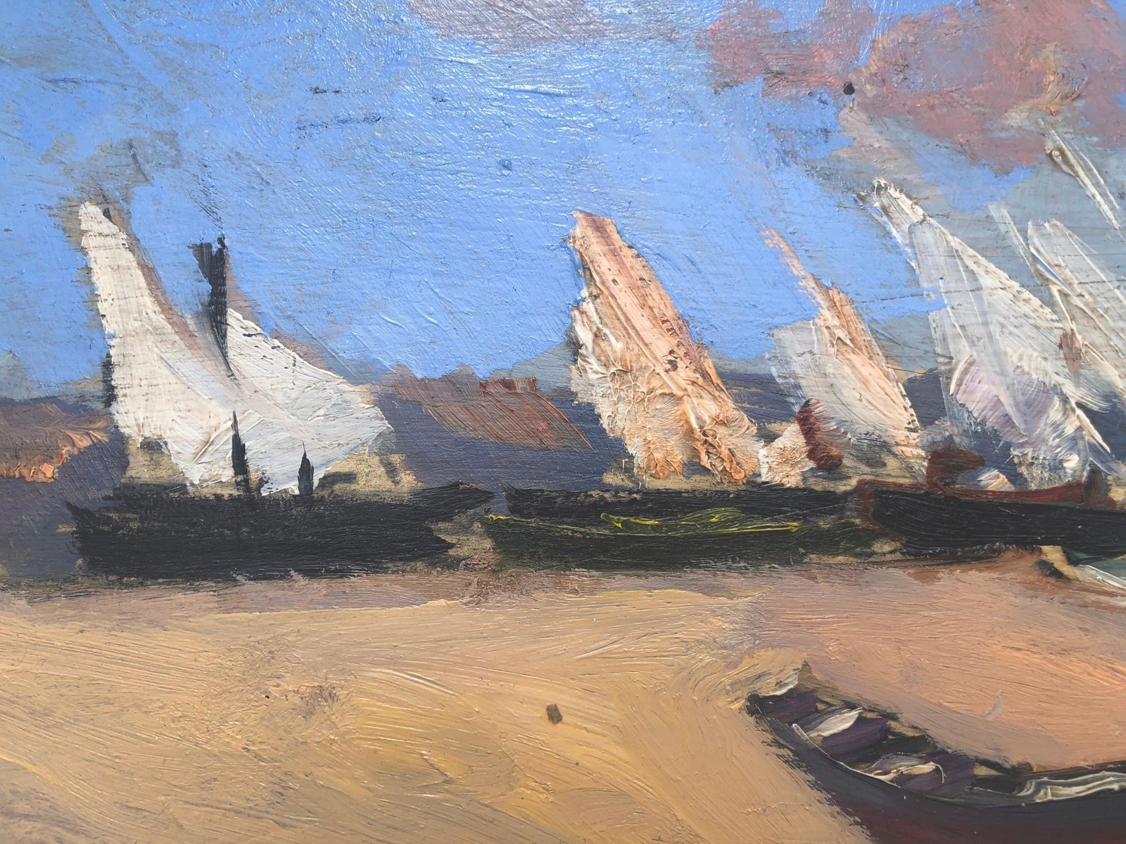Joan Vives Maristany Mediterranean Harbor Sailboats Beach Scene Impressionist Coastal Oil Painting Small Marine Landscape Panel C.1990 photo for sale