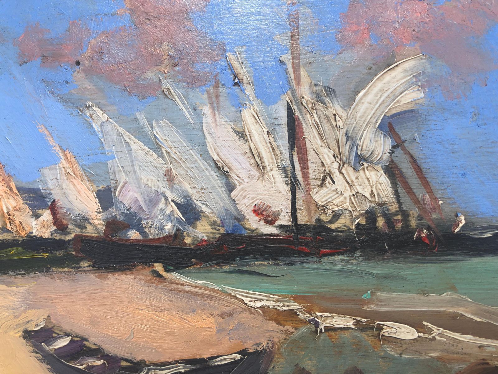Joan Vives Maristany – Mediterraan Havengezicht Met Zeilboten, Impressionistisch Kustlandschap, Olieverf Op Paneel, Ca. 1990 photo Kunst